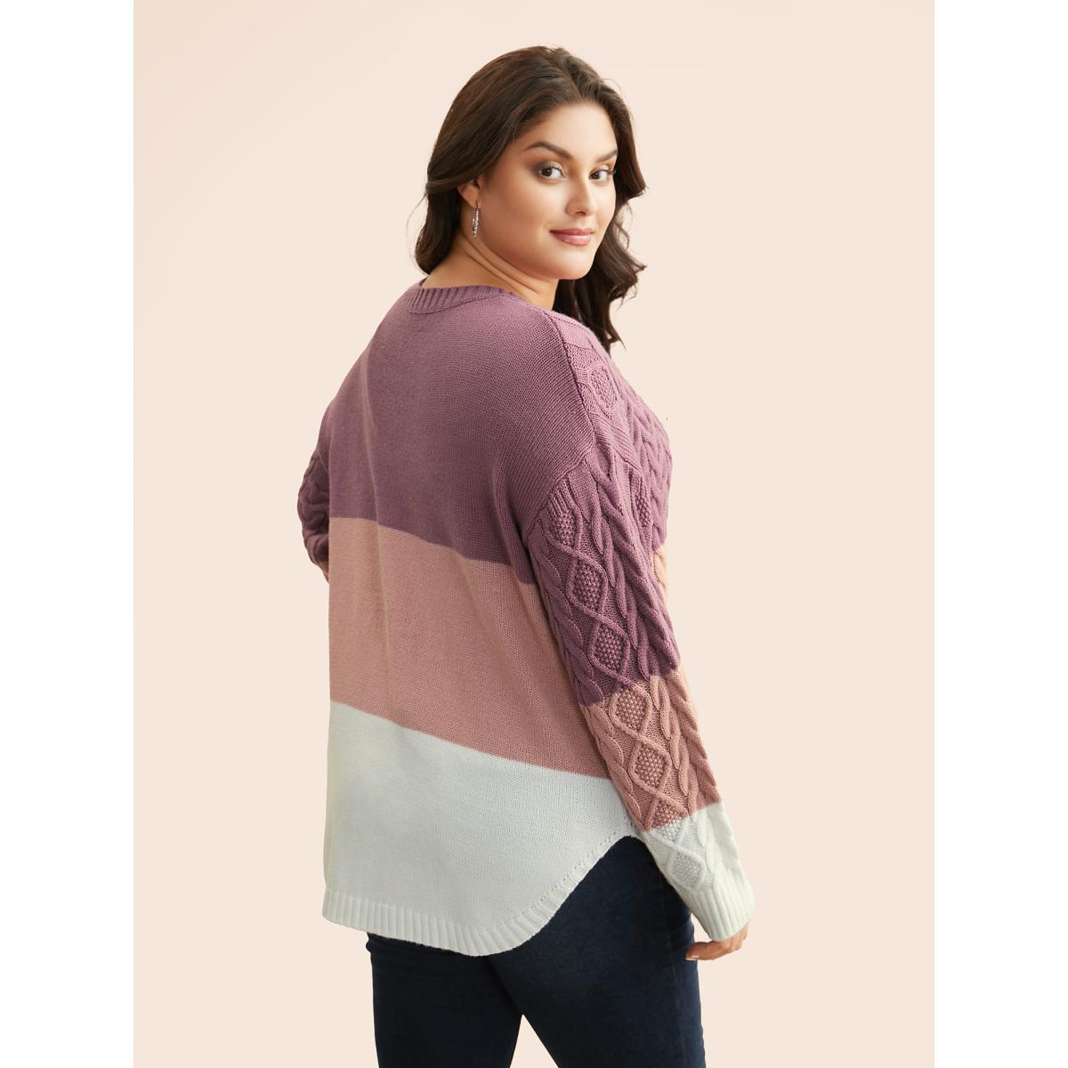 Plus Size Contrast Cable Knit Arc Hem Pullover Lilac Women Casual Loose Long Sleeve Round Neck Everyday Pullovers BloomChic 28/5X Product Image