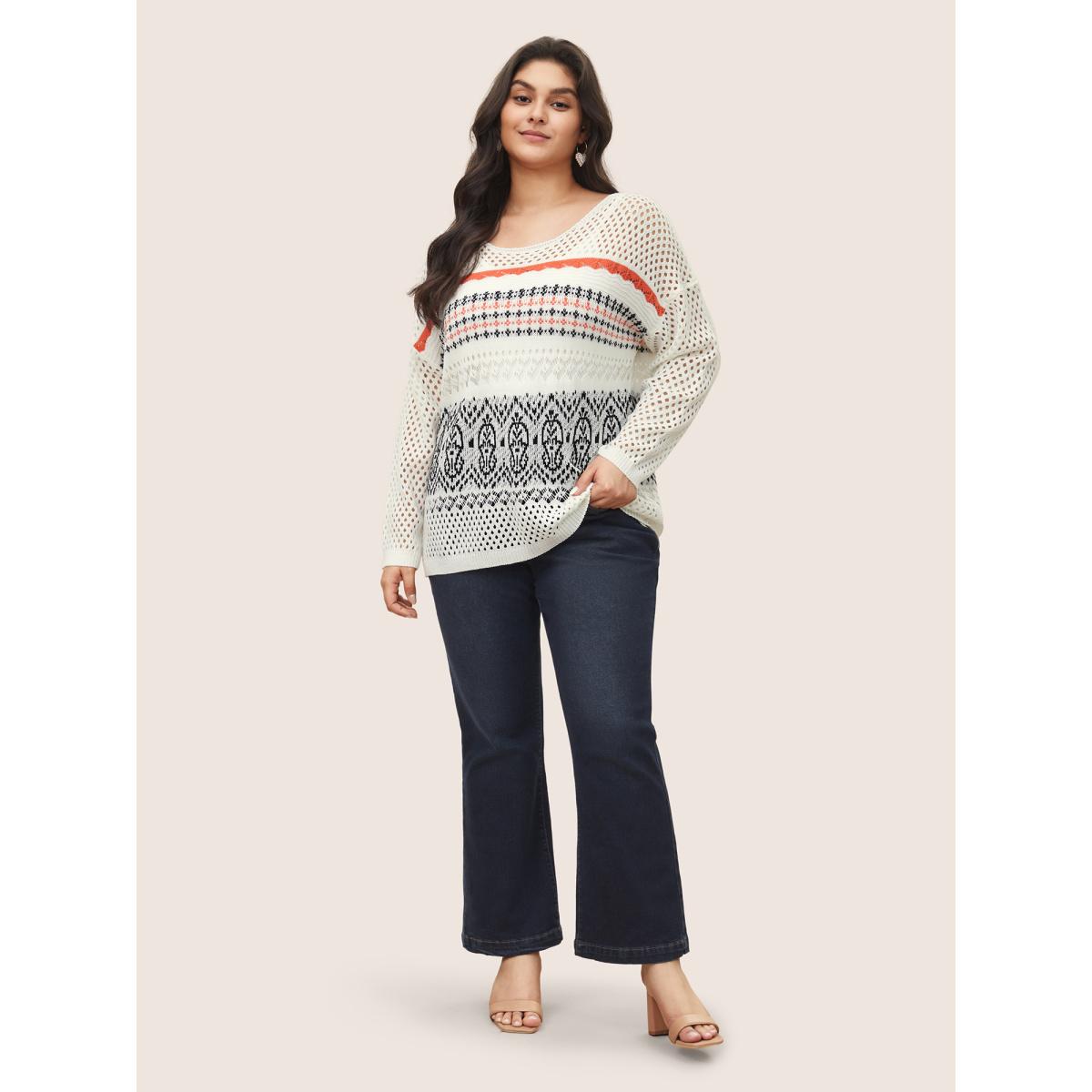 Plus Size Jacquard Hollow Out Drop Shoulder Pullover White Women Casual Long Sleeve Round Neck Everyday Pullovers BloomChic 14-16/1X Product Image