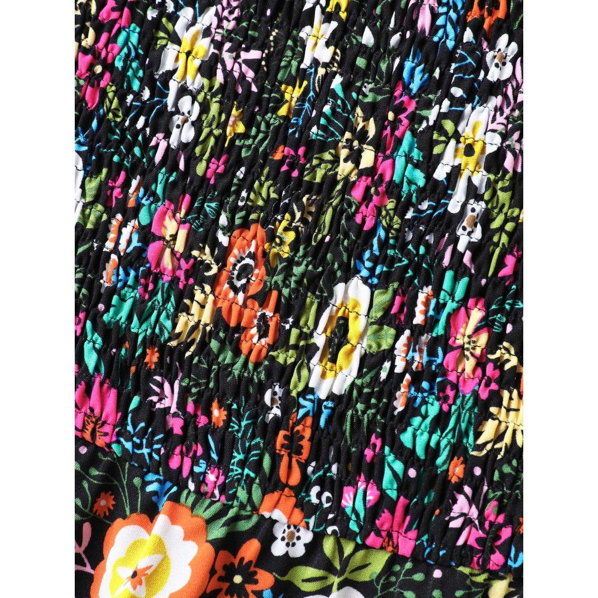 Plus Size Shirred Stretchy Waist Floral Midi Dress BlackFlower Women Timeless Square Neck Short sleeve Curvy BloomChic 28/5X Product Image