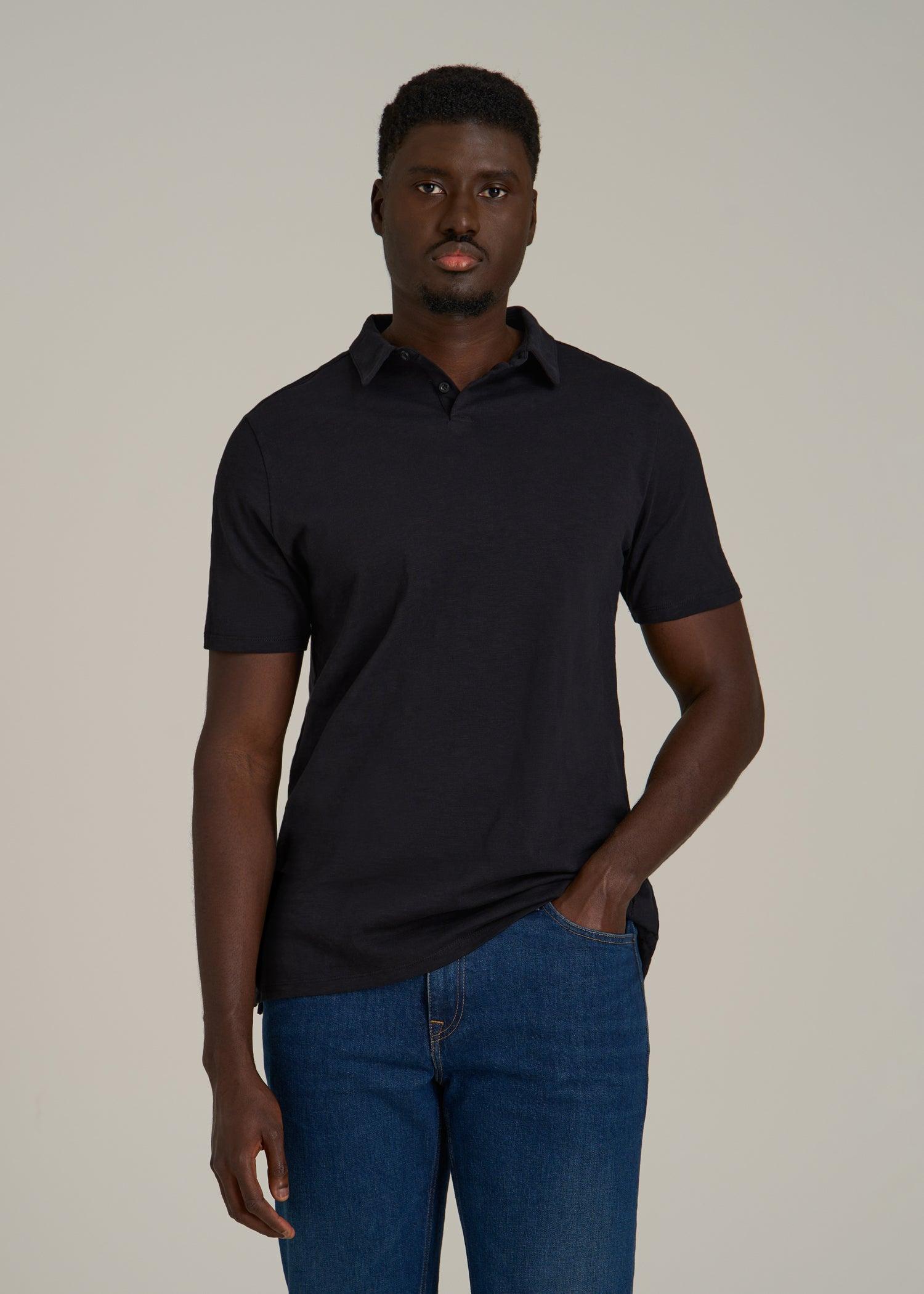 Slub Self Collar Polo Shirt for Tall Men in Black Male Product Image