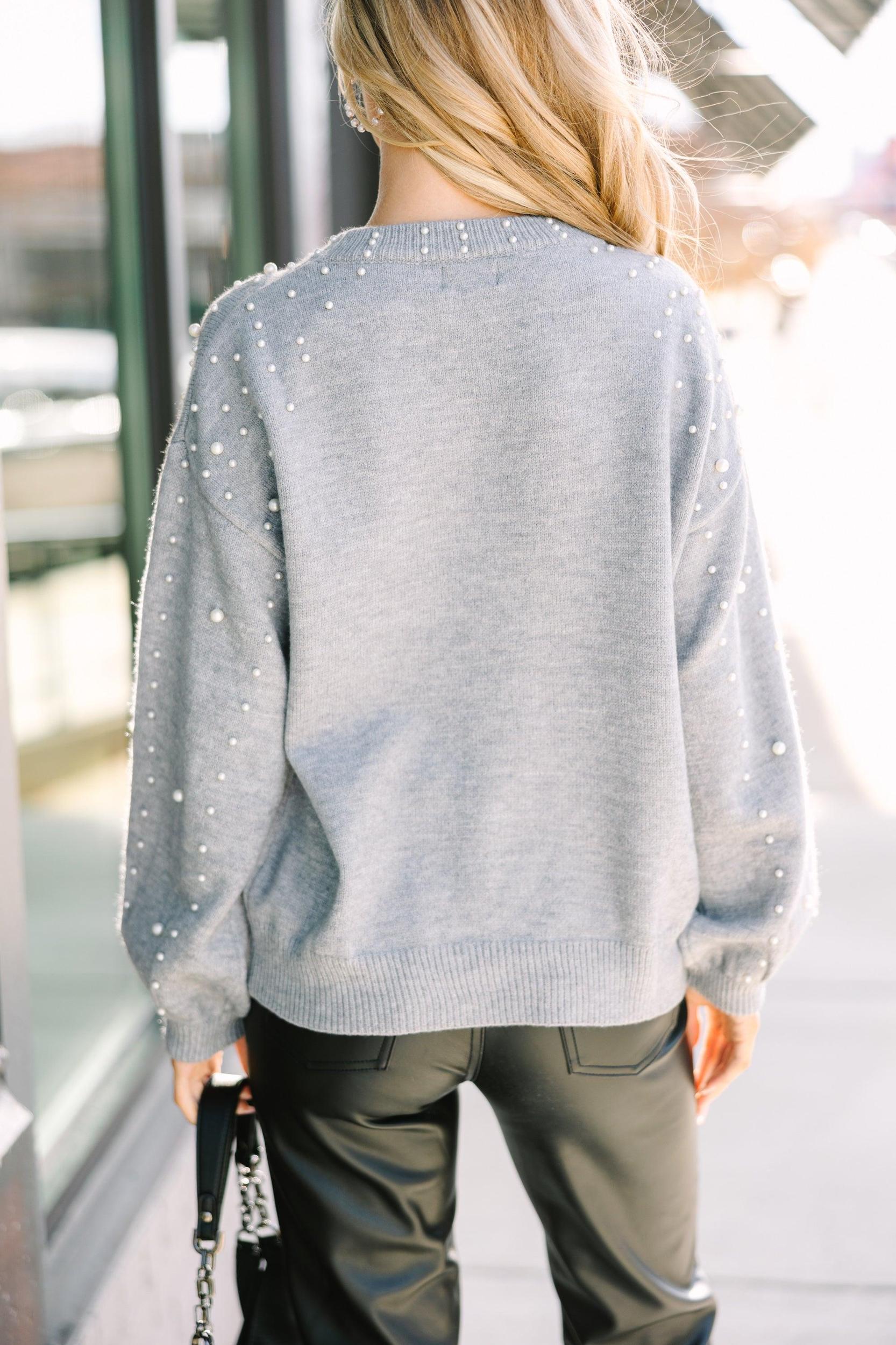 Can't Help But Love Dark Gray Pearl Studded Sweater Female Product Image