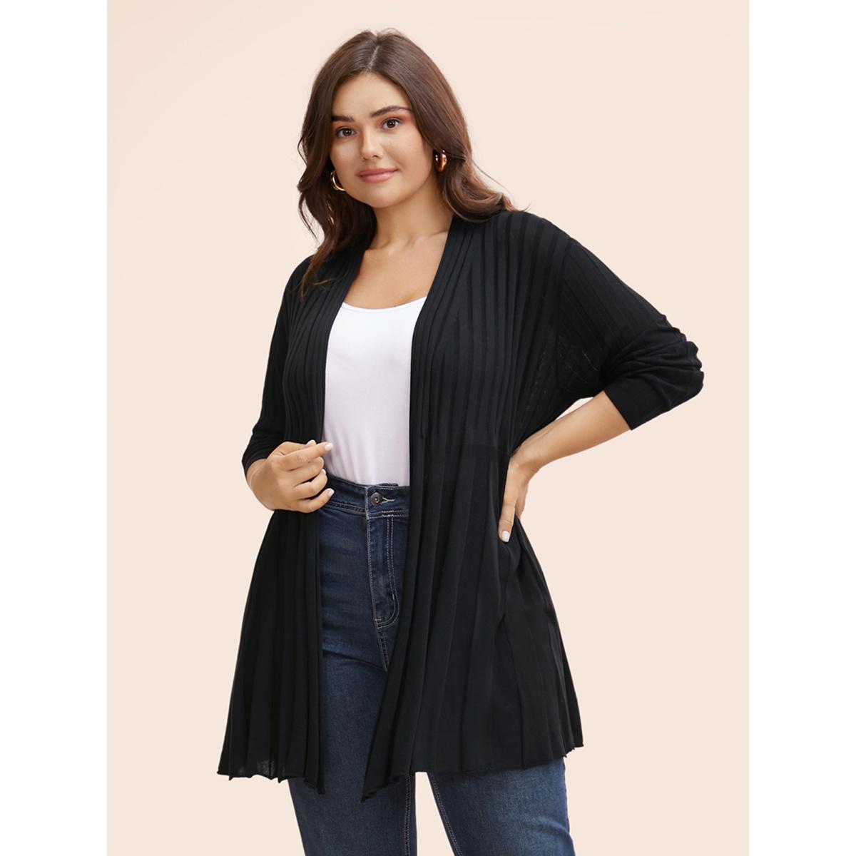 Plus Size Plain Textured Kimono Collar Cardigan Black Women Timeless Loose Long Sleeve Elegant Cardigans BloomChic 18-20/2X Product Image