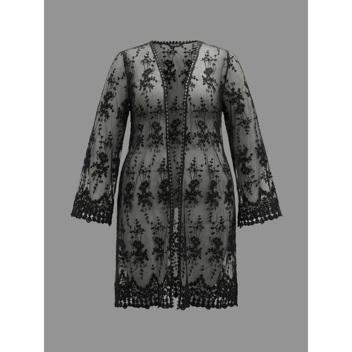 Plus Size Lace Embroidered Sheer Open-Front Kimono Women Black Elegant Woven ribbon&lace trim Loose Everyday Kimonos BloomChic 22-24/3X Product Image