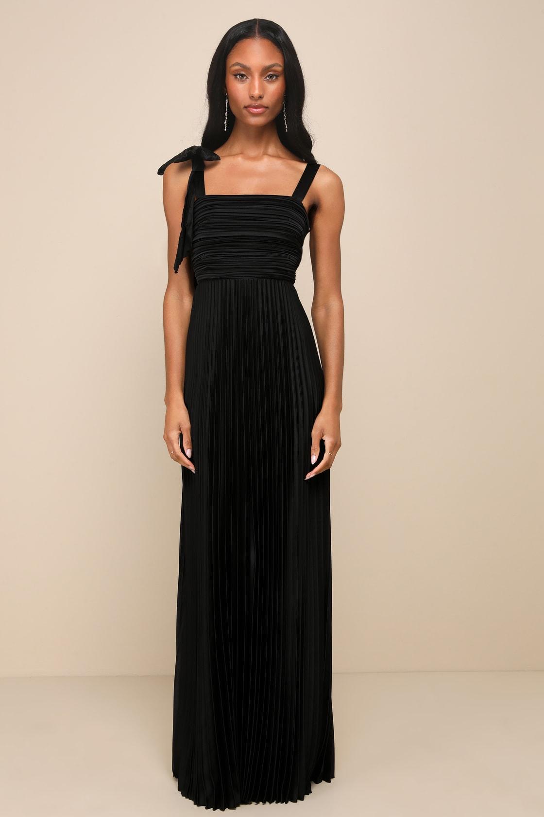 Gorgeous Purpose Black Satin Pleated Sleeveless Bow Maxi Dress Product Image