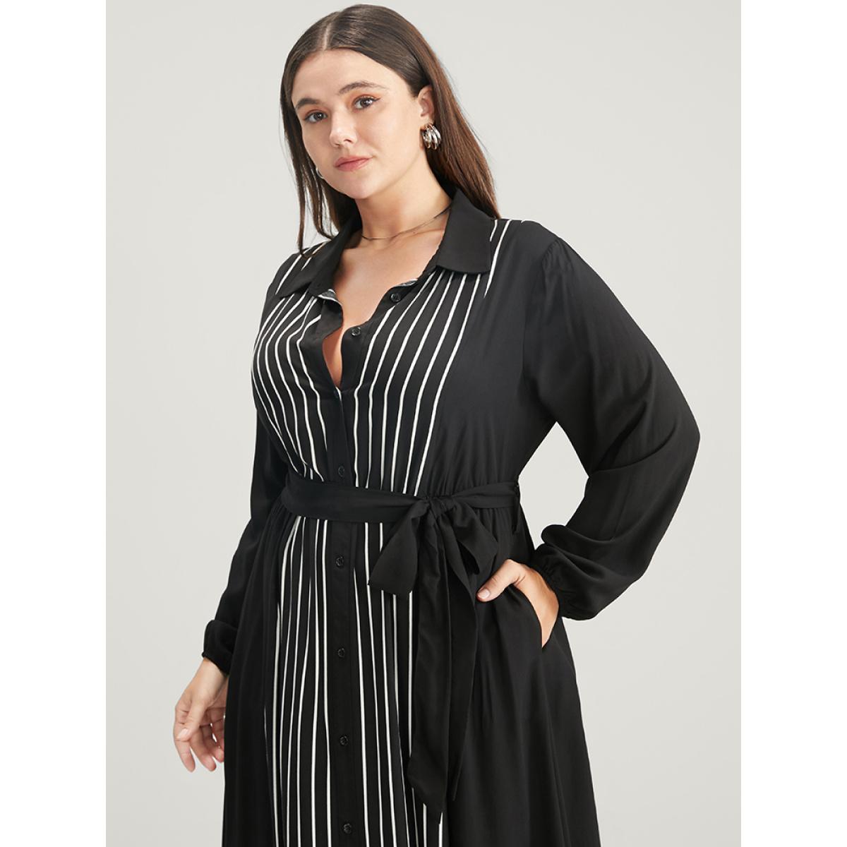 Plus Size Striped Contrast Pocket Button Detail Belted Dress Black Women Office Pocket Shirt collar Long Sleeve Curvy Long Dress BloomChic 28/5X Product Image