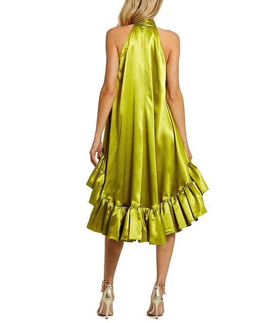 Mac Duggal Satin Halter Mock Neck Sleeveless Ruffle Hem High Low Mini Dress Product Image
