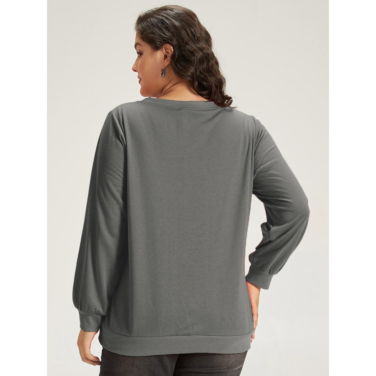 Plus Size Halloween Pumpkin Crew Neck Elastic Cuffs Sweatshirt Women Gray Casual Elastic cuffs Festival-Halloween Sweatshirts BloomChic 26/4X Product Image