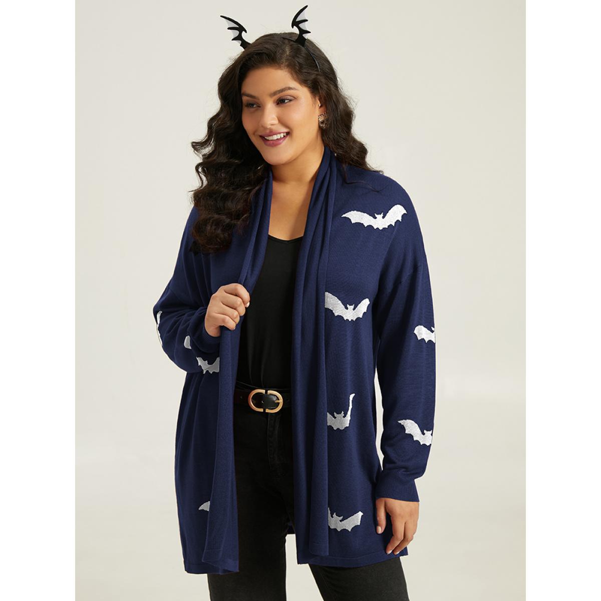 Plus Size Supersoft Essentials Halloween Bat Pattern Lapel Collar Cardigan Indigo Women Playful Loose Long Sleeve Casual Cardigans BloomChic 18-20/2X Product Image