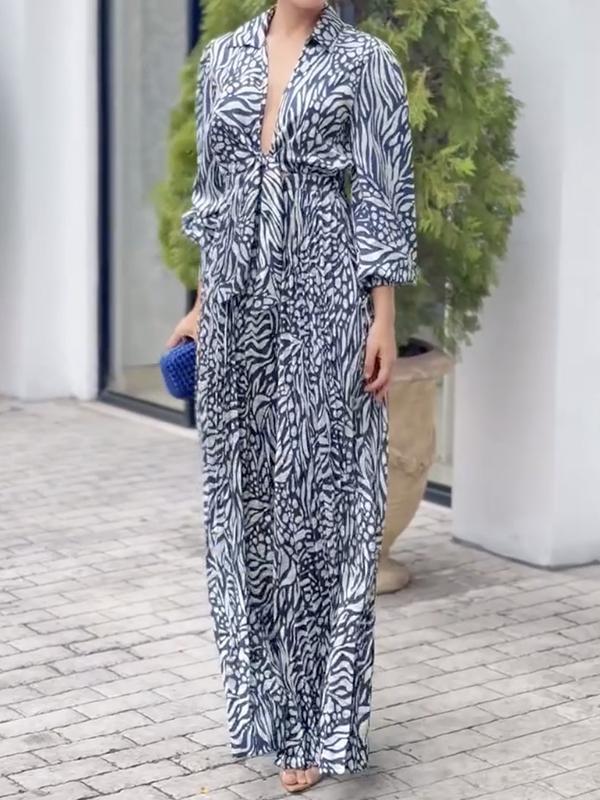 Loose Puff Sleeves Pleated Printed Split-Joint Deep V-Neck Jumpsuits Product Image
