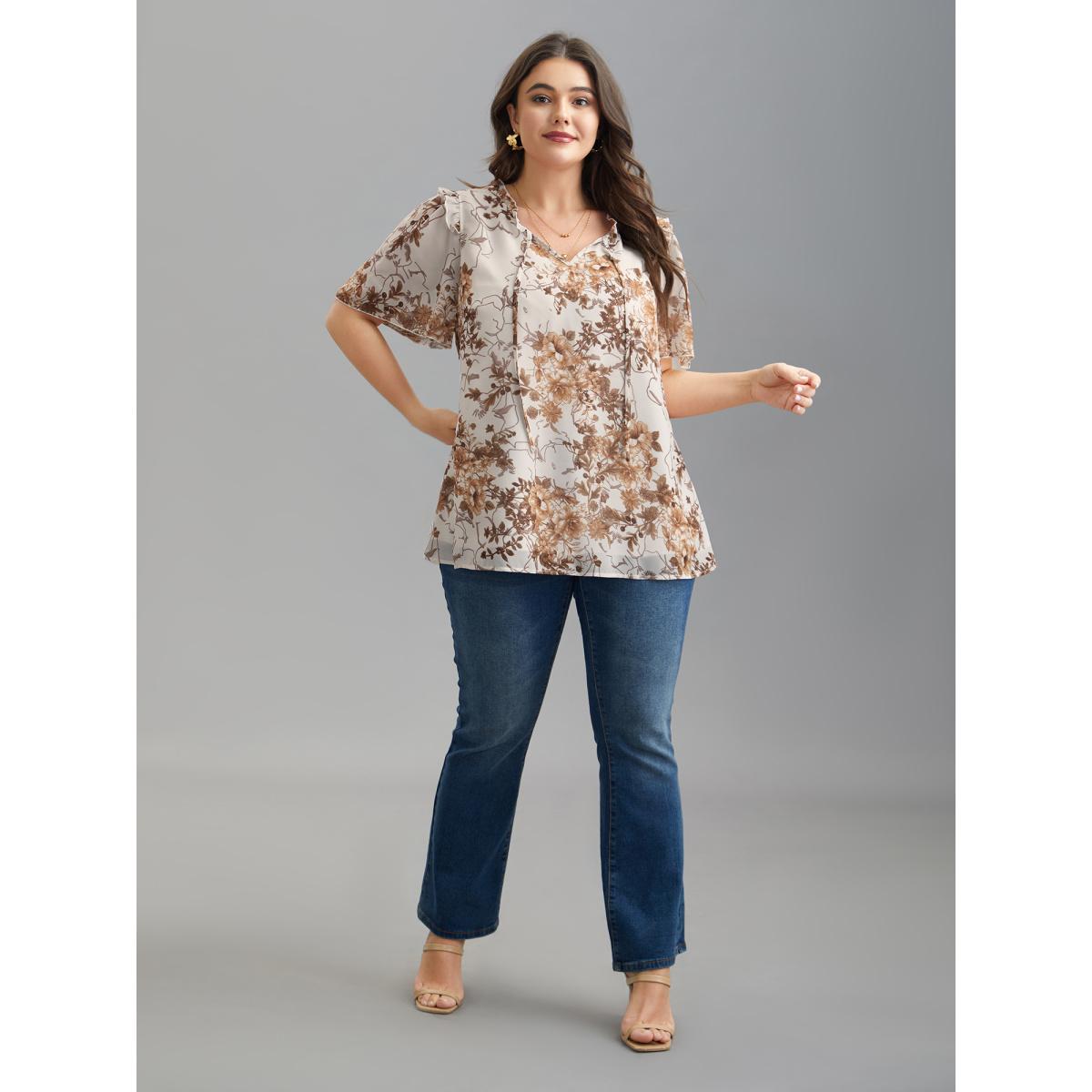 Plus Size WhiteSmoke Floral Print Ruffle Neck Shirt Women Elegant Short sleeve Flat collar with V-notch Everyday Blouses BloomChic 18-20/2X Product Image