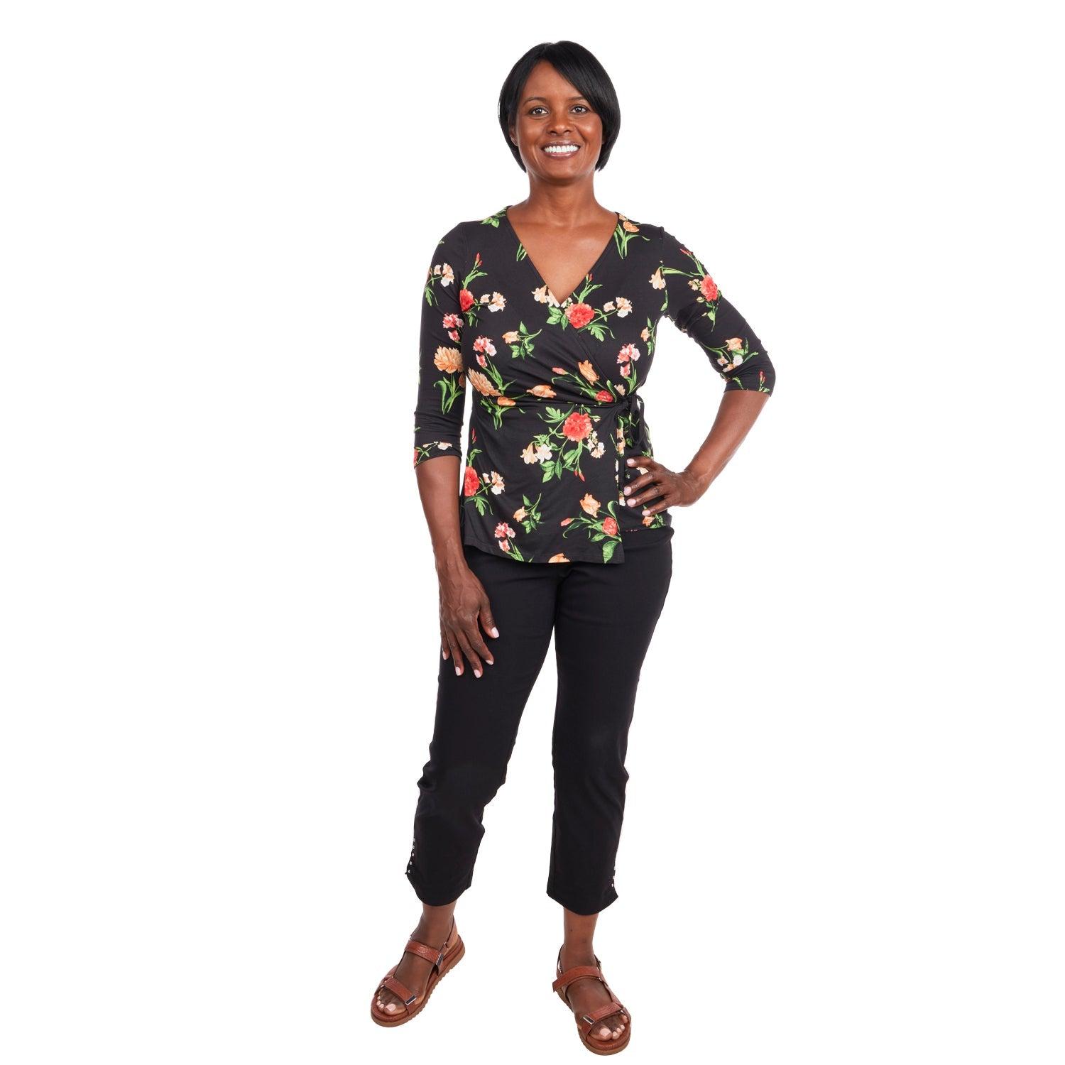 Inner Beauty 3/4 Sleeve Surplice Front V-Neck Black Floral Top Product Image