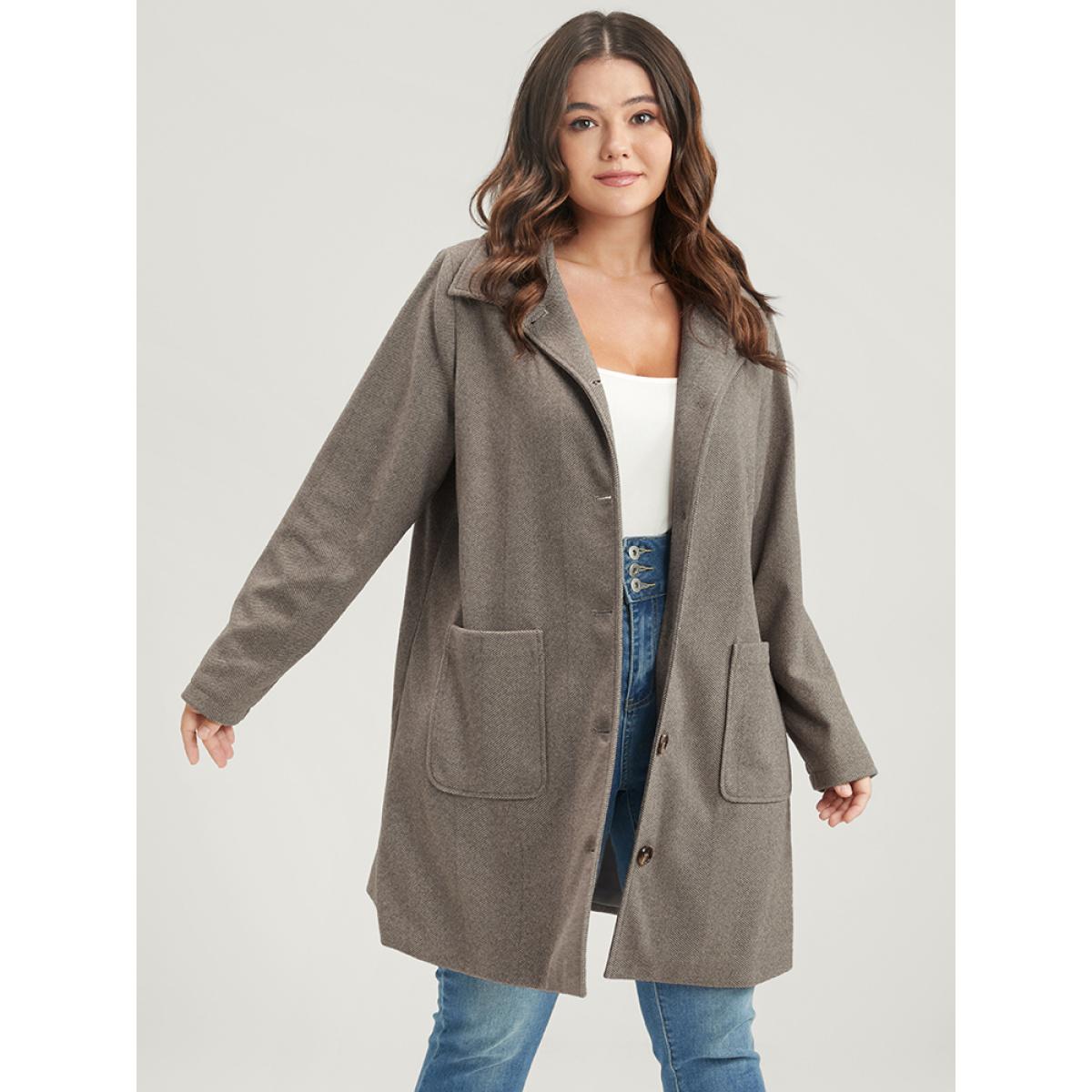 Plus Size Solid Pocket Detail Button Up Coat Women LightBrown Casual Button Ladies Dailywear Winter Coats BloomChic 14-16/1X Product Image