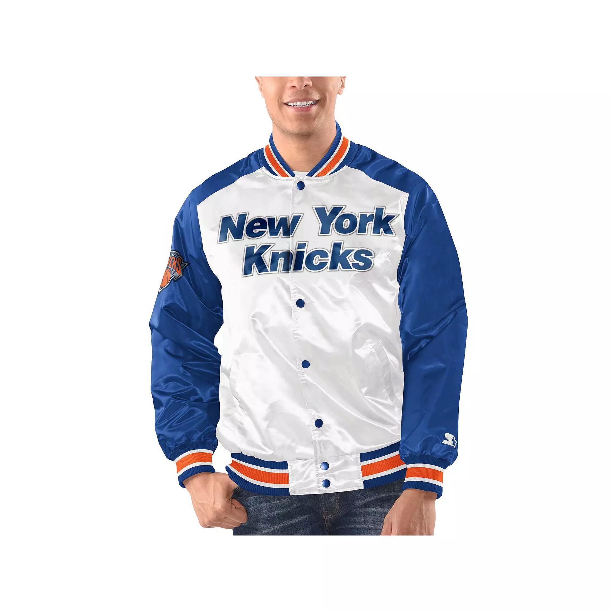 Men's Starter White/Blue New York Knicks Renegade Satin Full-Snap Varsity Jacket,  Product Image