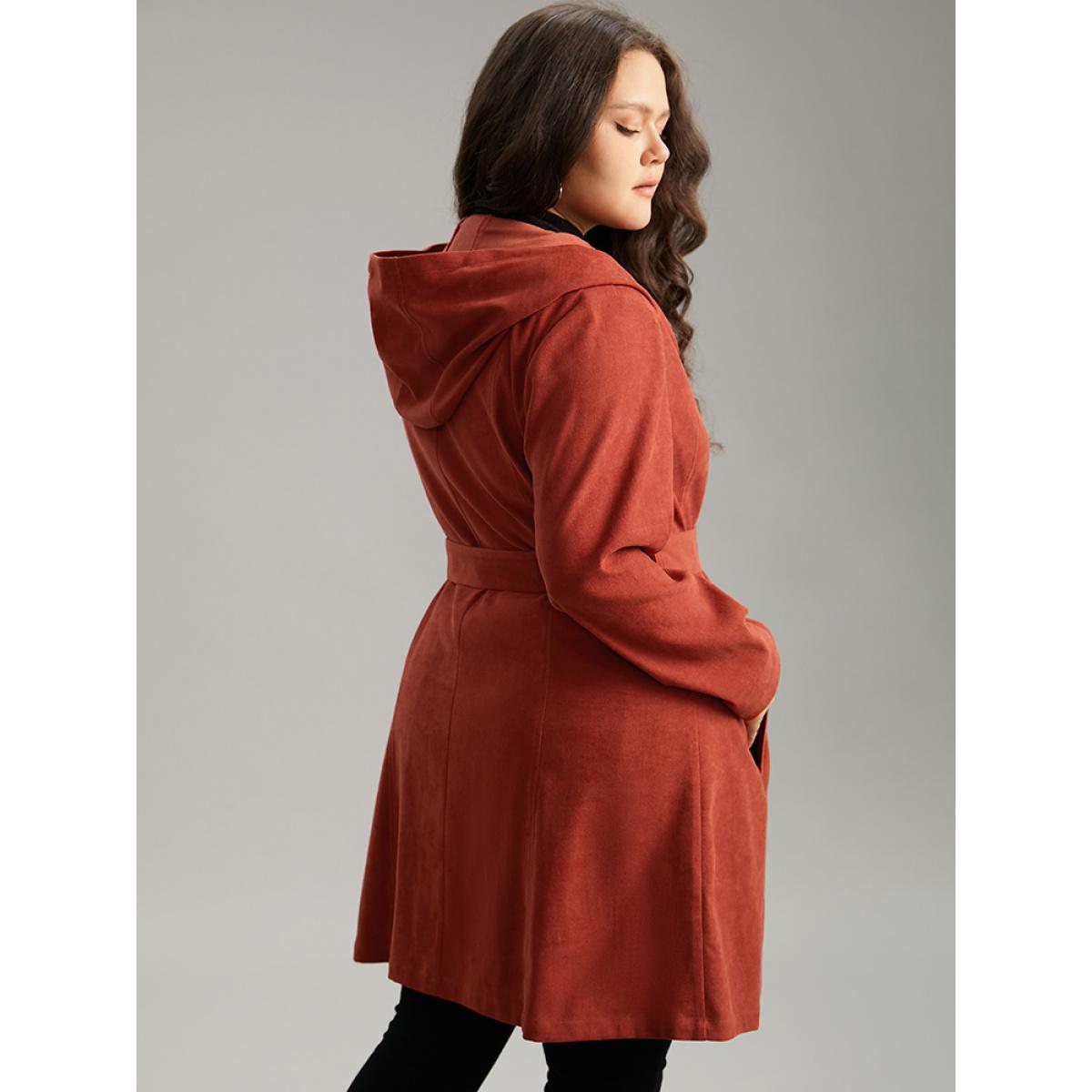 Plus Size Solid Belted Button Up Hooded Coat Women Russet Casual Plain Ladies Dailywear Winter Coats BloomChic 22-24/3X Product Image