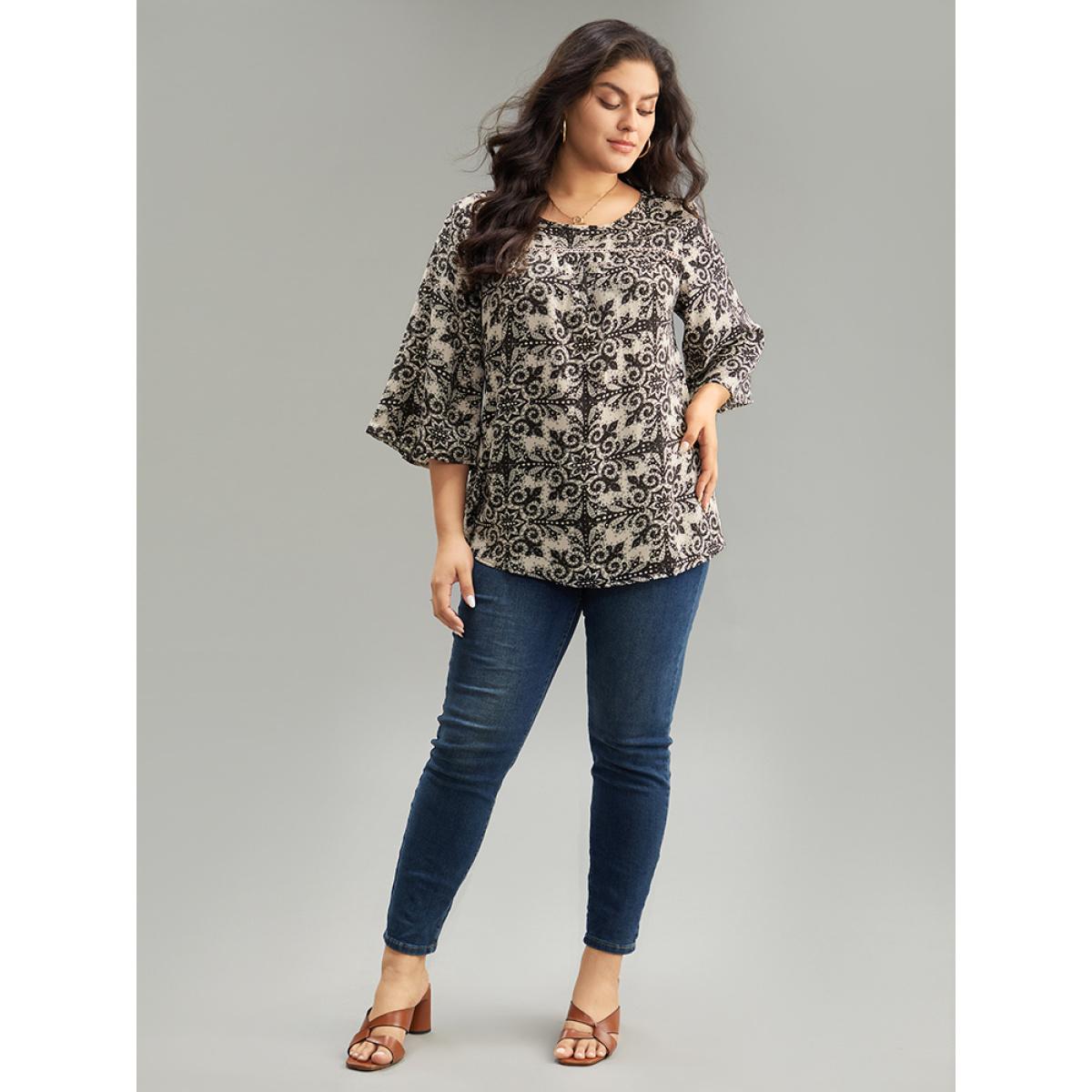 Plus Size LightBrown Paisley Print Stitch Bell Sleeve Blouse Women Vacation Elbow-length sleeve Round Neck Dailywear Blouses BloomChic 22-24/3X Product Image