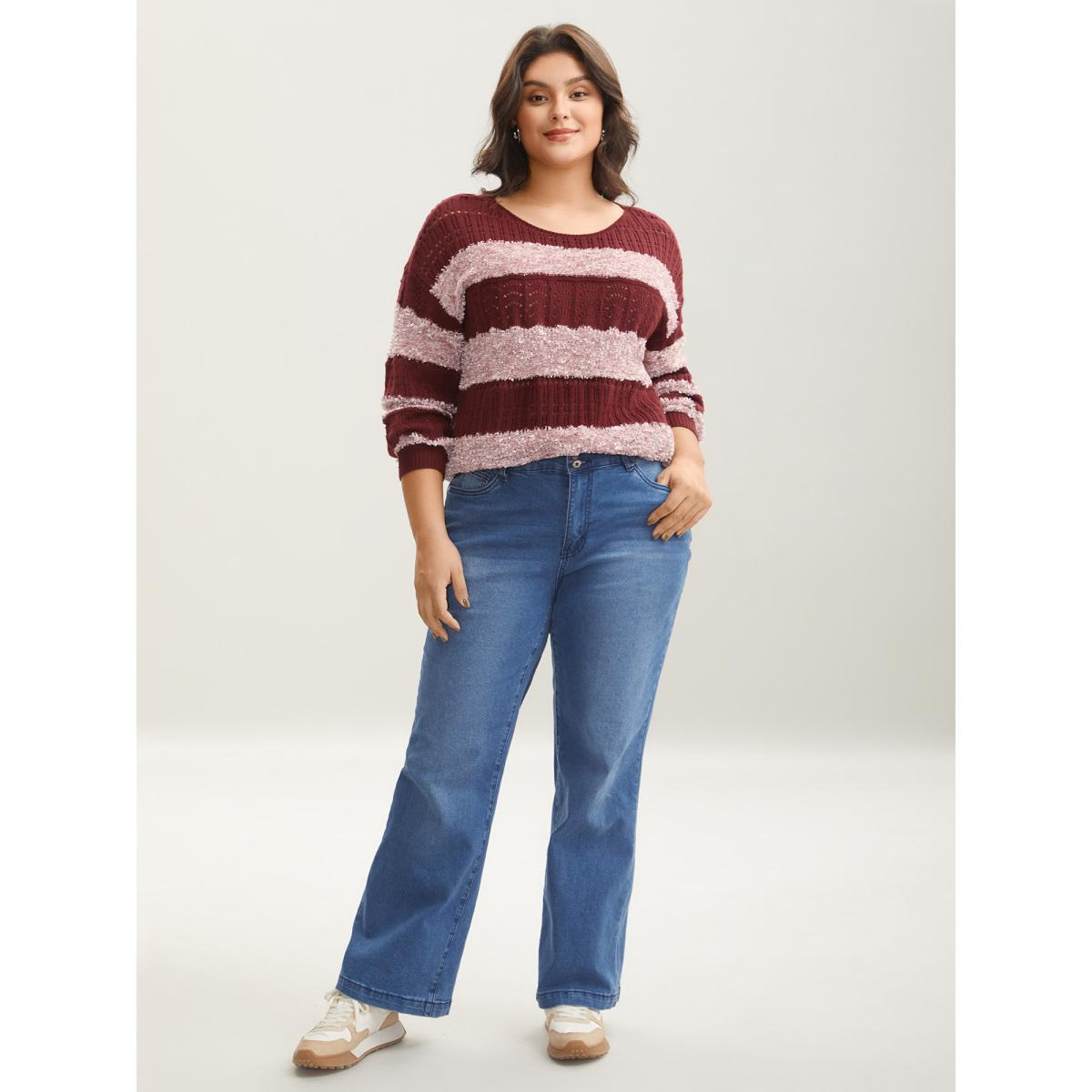 Plus Size Striped Color-Block Textured Pullover Deepred Women Casual Loose Long Sleeve Round Neck Everyday Pullovers BloomChic 26/4X Product Image