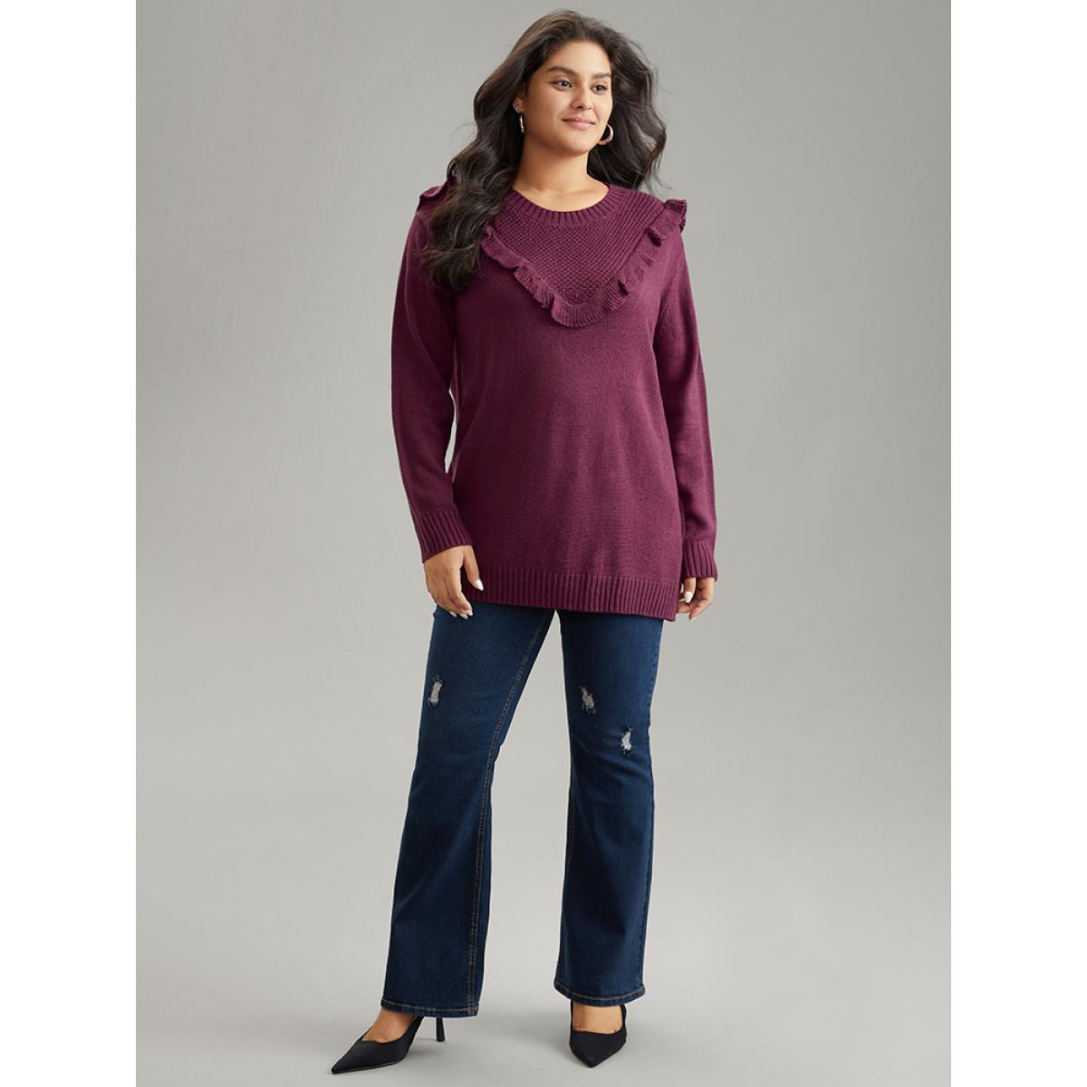 Plus Size Solid Flutter Trim Plisse Loose Pullover Burgundy Women Casual Loose Long Sleeve Round Neck Dailywear Pullovers BloomChic 28/5X Product Image