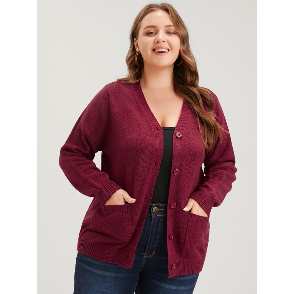 Plus Size Solid Pointelle Knit Pocket Belted Button Front Cardigan Scarlet Women Casual Loose Long Sleeve Office Cardigans BloomChic 26/4X Product Image
