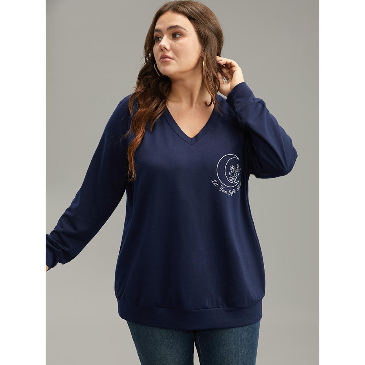 Plus Size Moon Print V Neck Raglan Sleeve Sweatshirt Women Indigo Casual Elastic cuffs Dailywear Sweatshirts BloomChic 12/L Product Image