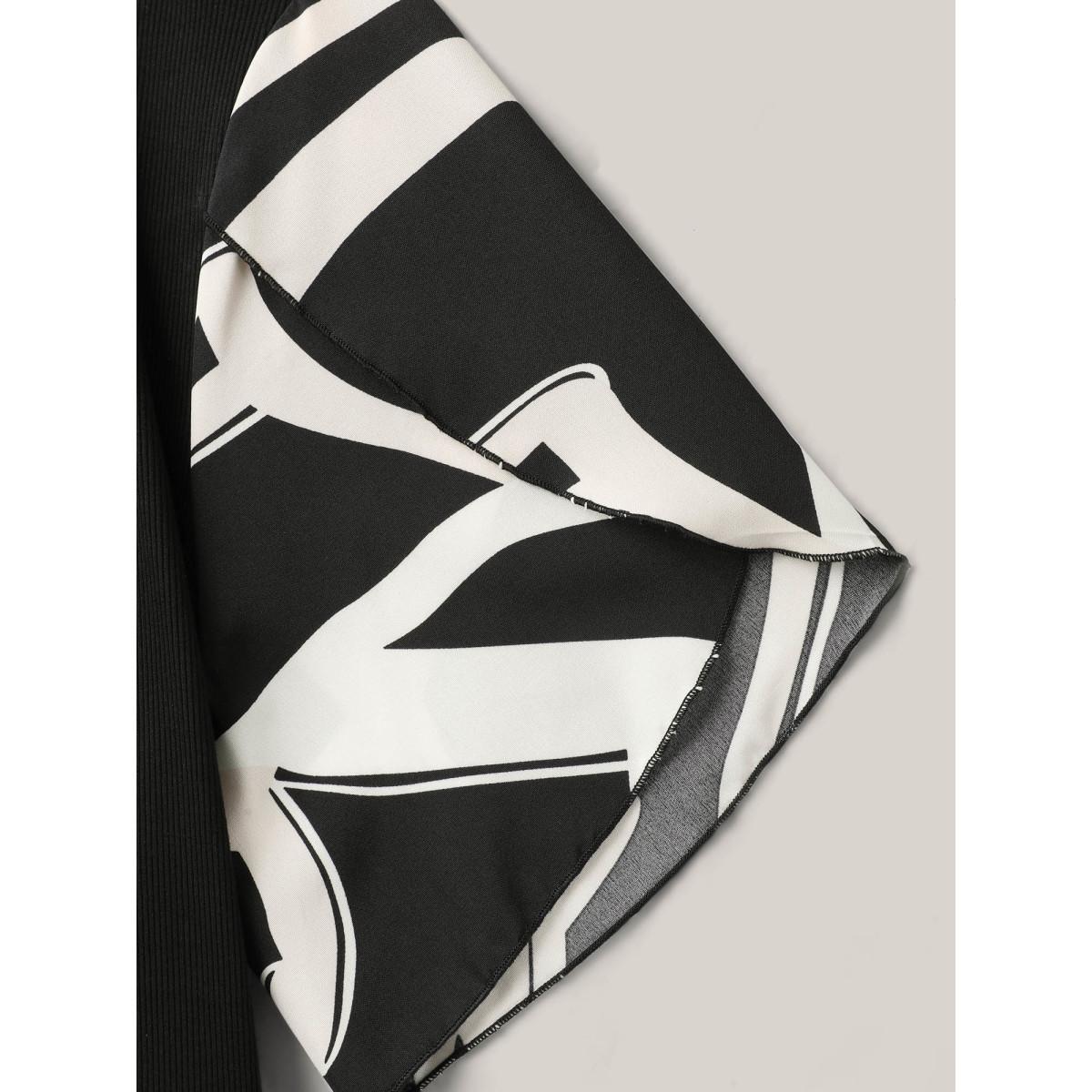 Plus Size Geometric Print Color Contrast Stretchy Midi Dress BlackFlower Women Petal edge Round Neck Short sleeve Curvy BloomChic 26/4X Product Image