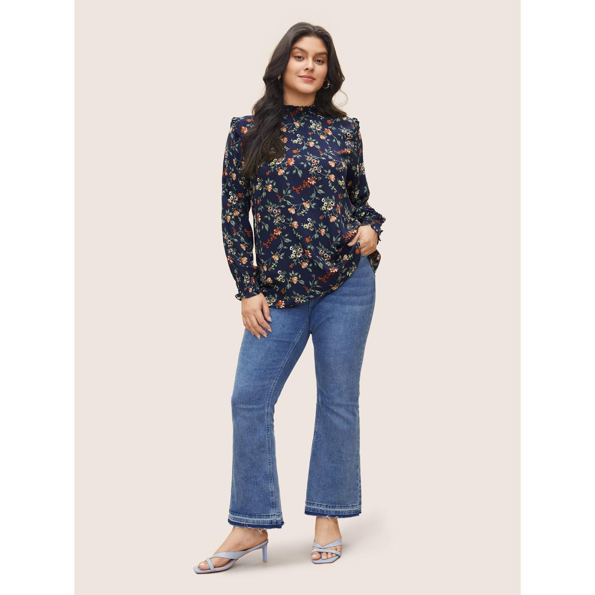 Plus Size DarkBlue Floral Lantern Sleeve Shirred Mock Neck Blouse Women Elegant Long Sleeve Mock Neck Everyday Blouses BloomChic 22-24/3X Product Image