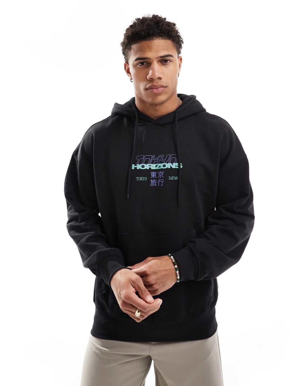 ONLY & SONS oversized hoodie with horizons back print in black Product Image