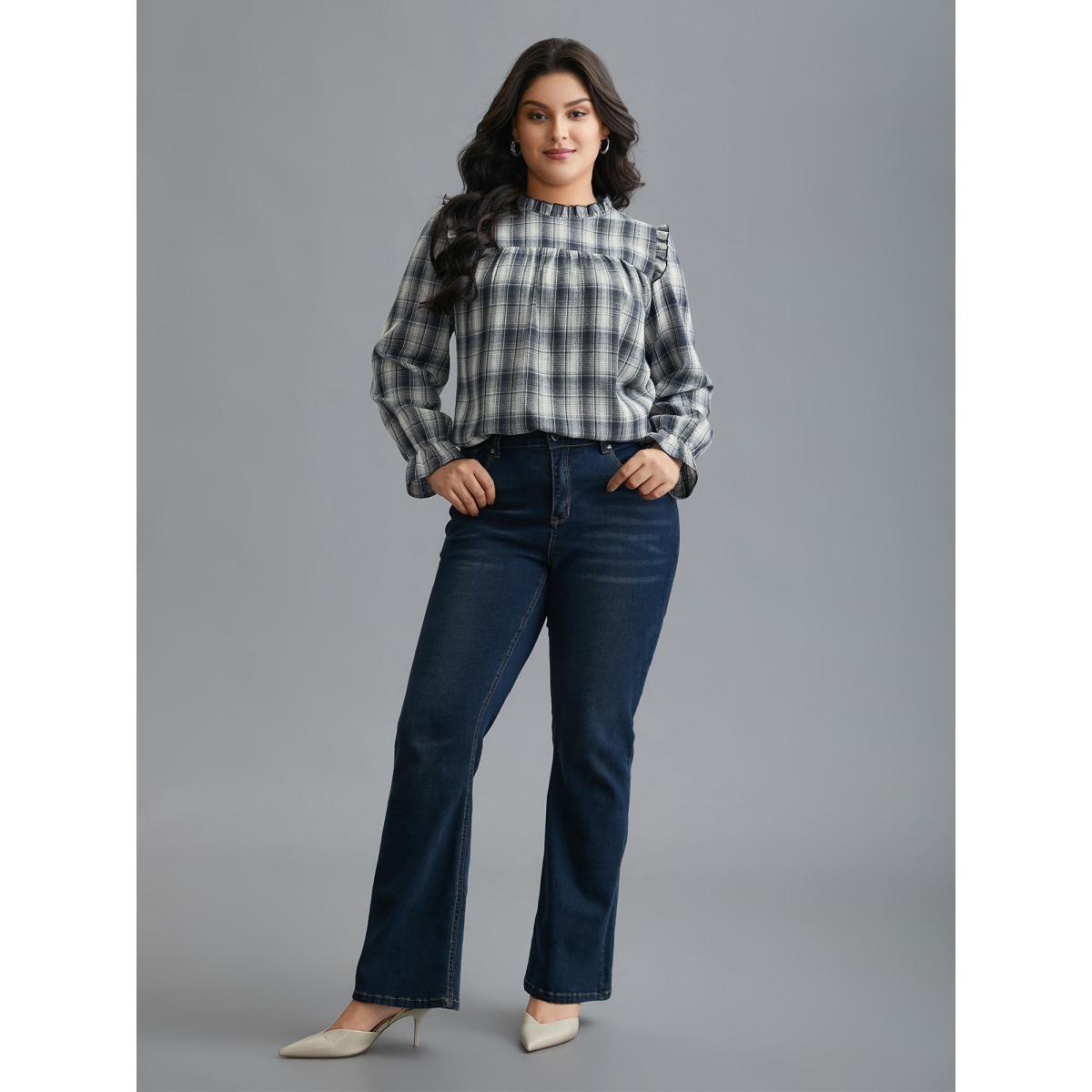 Plus Size Indigo Plaid Ruffle Trim Gathered Blouse Women Elegant Extra Long Sleeve Round Neck Everyday Blouses BloomChic 14-16/1X Product Image
