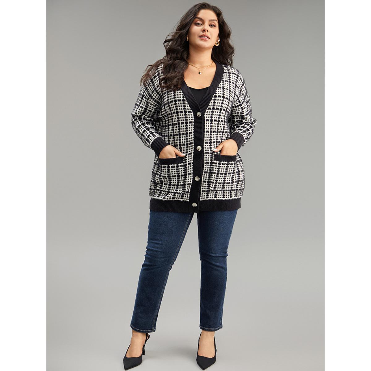Plus Size Plaid Button Down Patched Pocket Cardigan Black Women Casual Loose Long Sleeve Dailywear Cardigans BloomChic 12/L Product Image