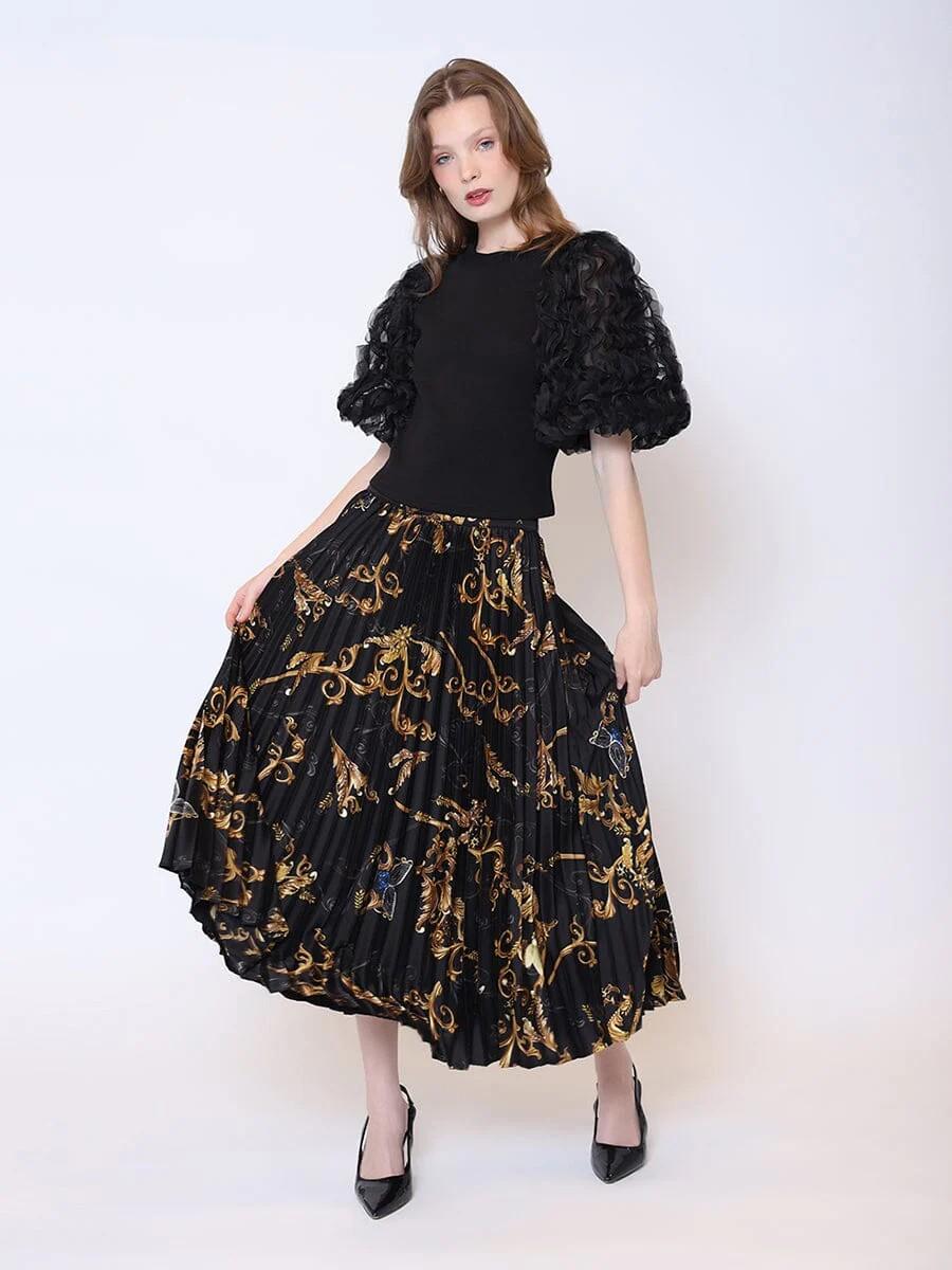 Floral Print Satin Pleated Skirt Product Image