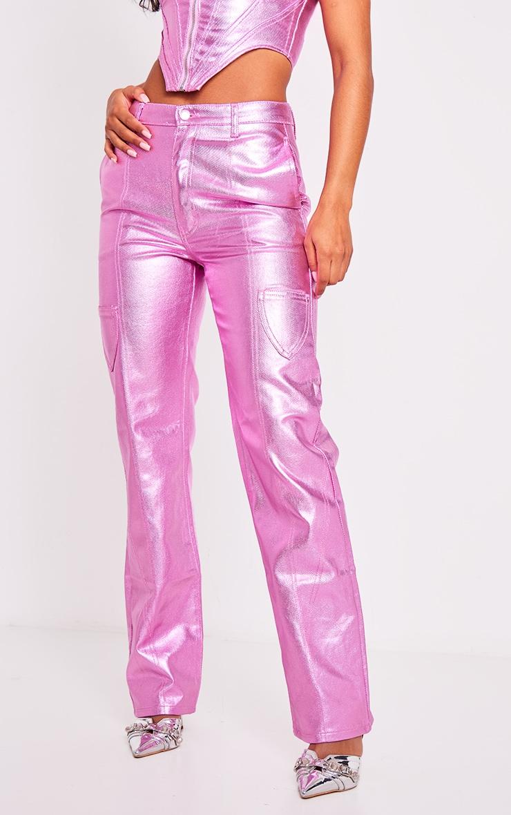 Pink Metallic Denim Stitch Detail Straight Leg Jeans Product Image