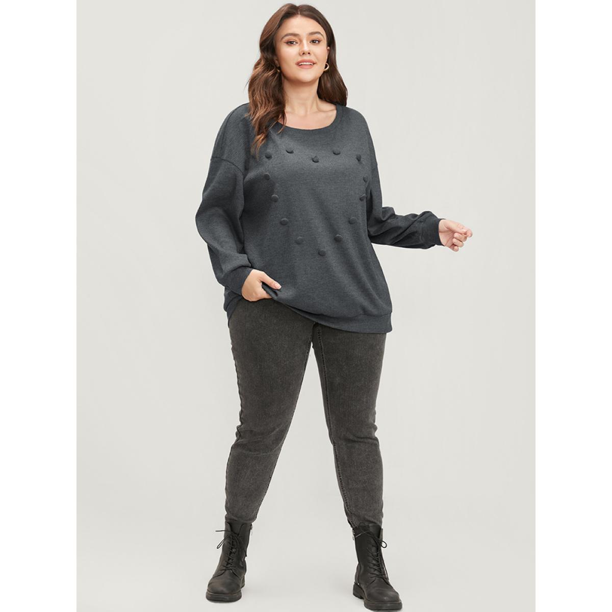 Plus Size Solid Button Detail Round Neck Waffle Knit Sweatshirt Women DimGray Elegant Button Round Neck Dailywear Sweatshirts BloomChic 28/5X Product Image