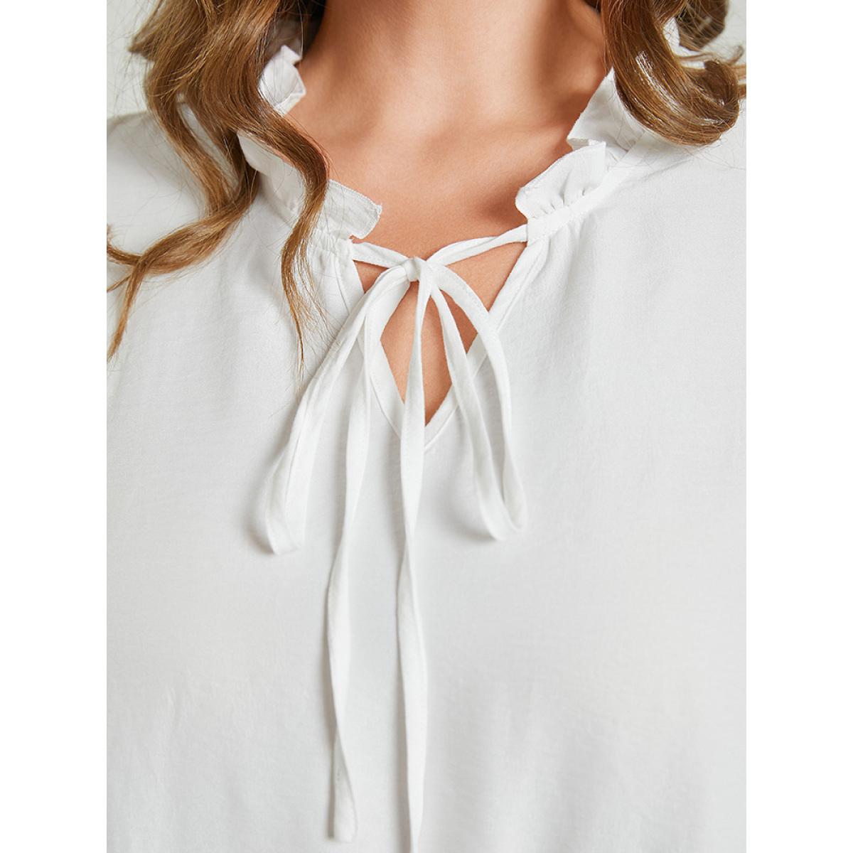 Plus Size Multicolor Colorblock Contrast Cap Sleeve Tie Neck Ruffle Tiered Blouse Women Elegant Cap Sleeve Tie Neck Dailywear Blouses BloomChic 30/6X Product Image