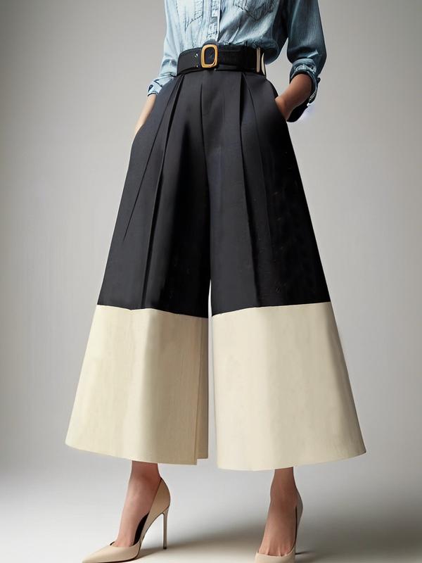 High Waisted Loose Contrast Color No Belt Pleated Pockets Pants Trousers Product Image