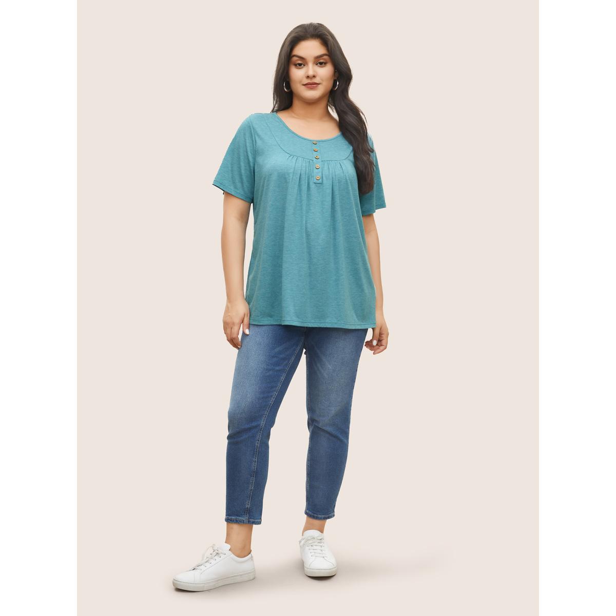 Plus Size Solid Heather Button Detail Gathered T-shirt Turquoise Women Casual Button Plain U-neck Everyday T-shirts BloomChic 26/4X Product Image