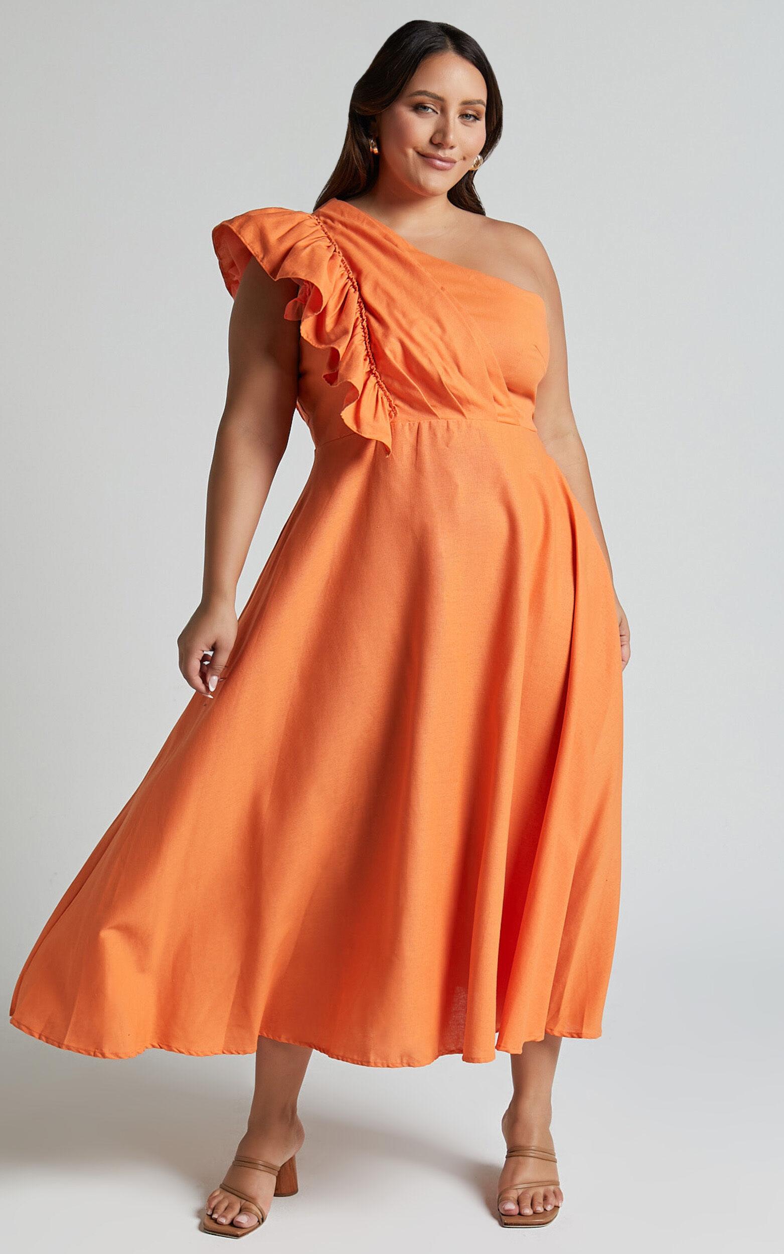Dixie Midi Dress - Linen Look One Shoulder Ruffle Dress in Orange Product Image
