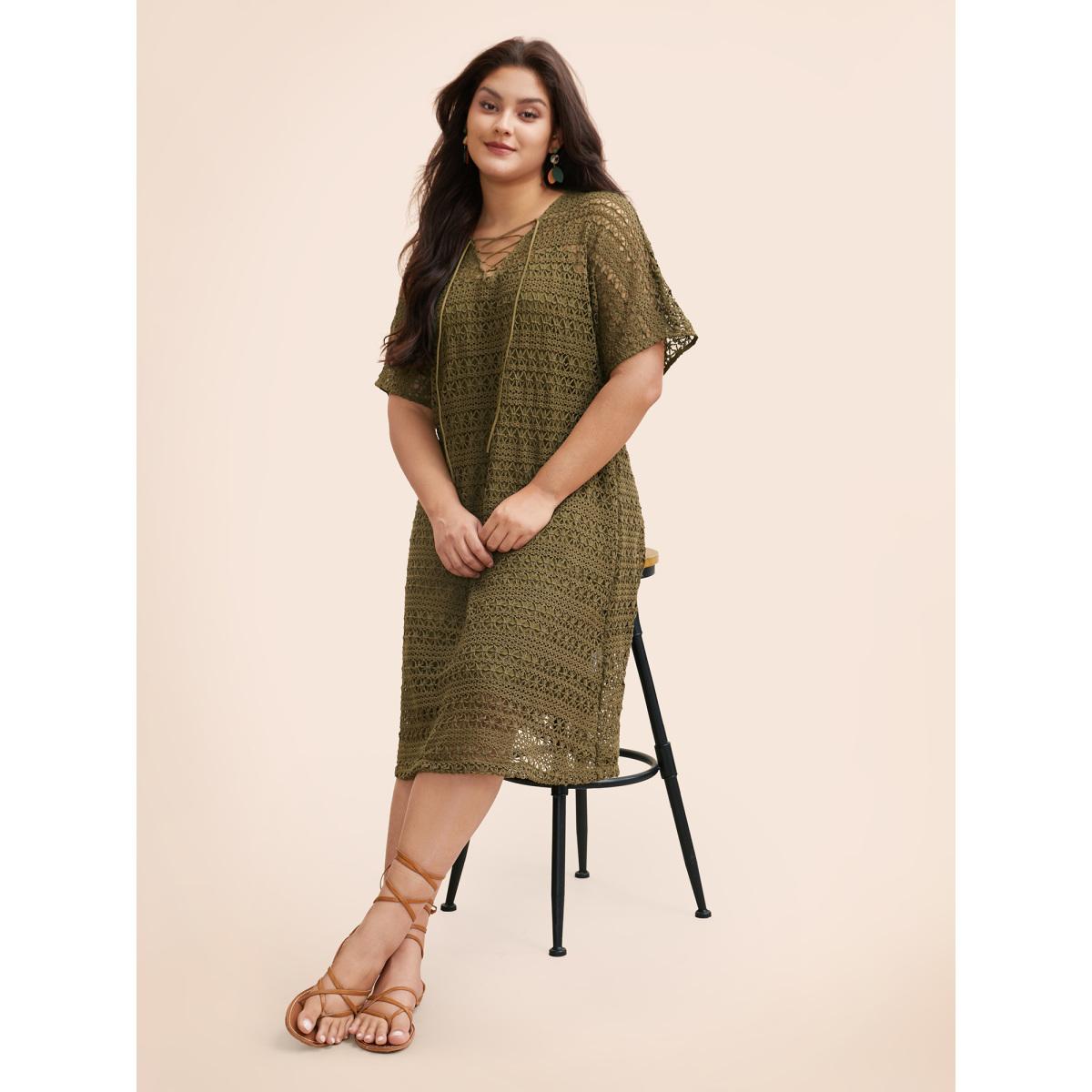 Plus Size Crocheted Lace Up Dolman Sleeve Tiered Dress ArmyGreen Women Casual Texture V-neck Half Sleeve Curvy BloomChic 12/L Product Image