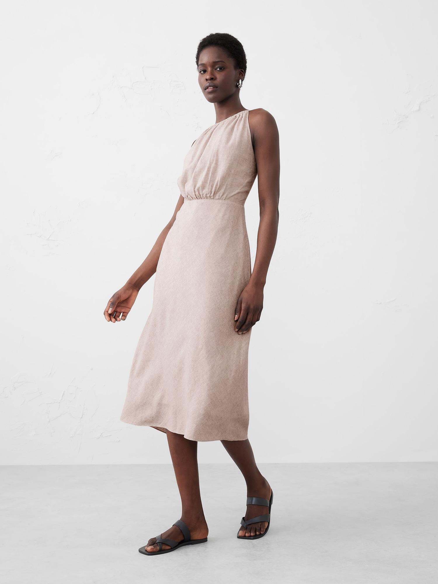 Linen-Blend High-Neck Midi Dress Product Image
