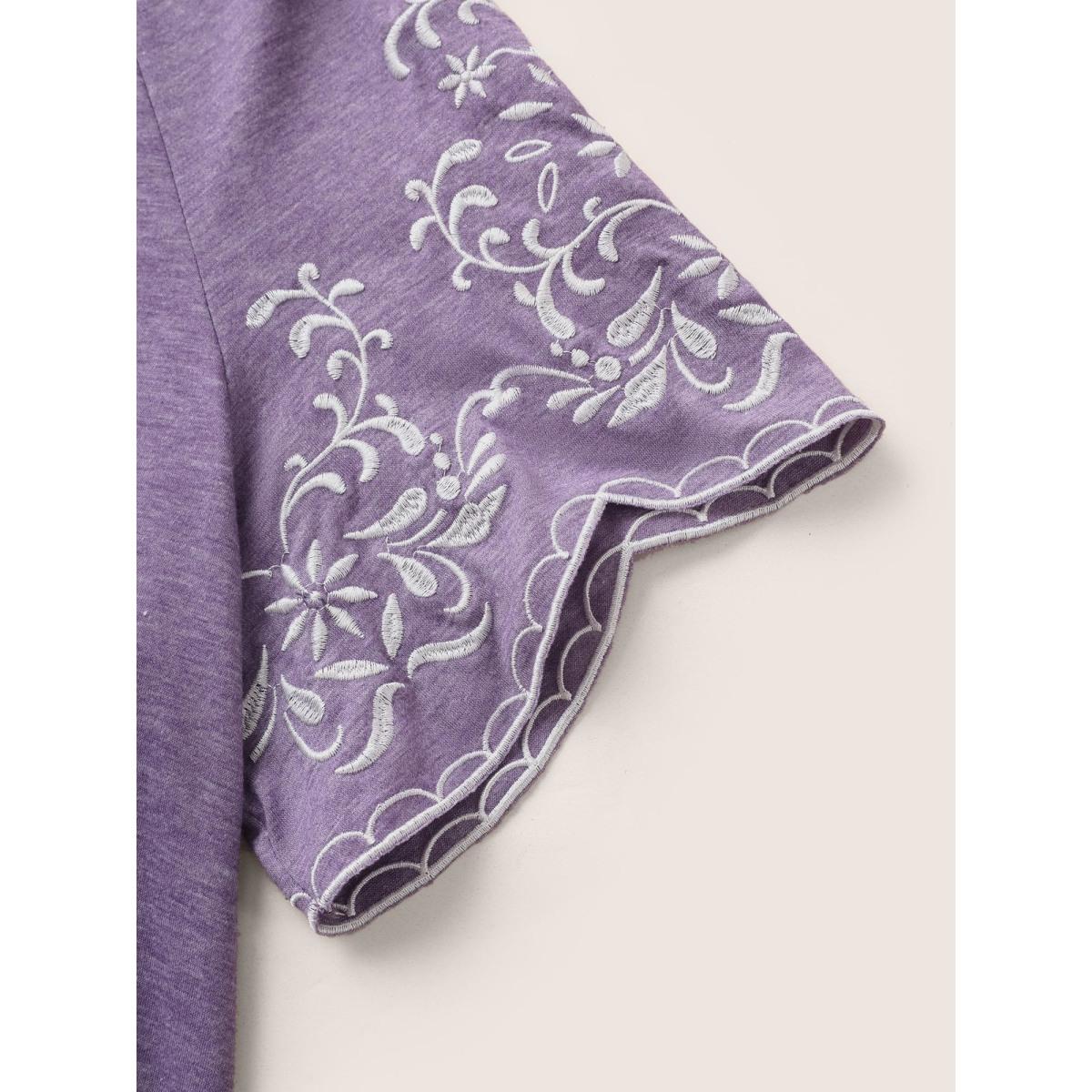 Plus Size Embroidered Scalloped Trim Gathered T-shirt BlueViolet Women Elegant Embroidered Round Neck Everyday T-shirts BloomChic 26/4X Product Image