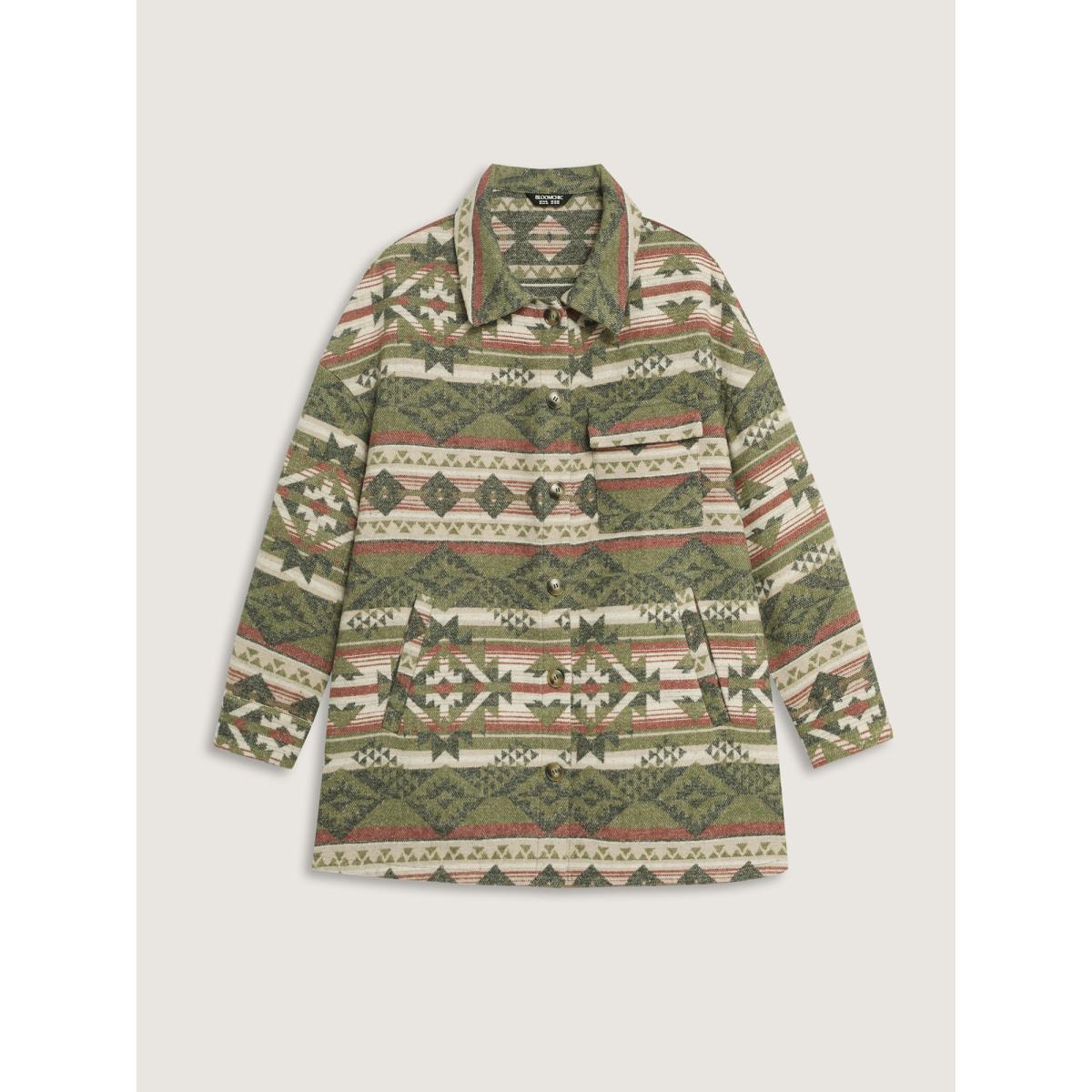 Plus Size Cozy Print Wool Blend Pockets Jacket Women ArmyGreen Button Slanted pocket Casual Jackets BloomChic 28/5X Product Image