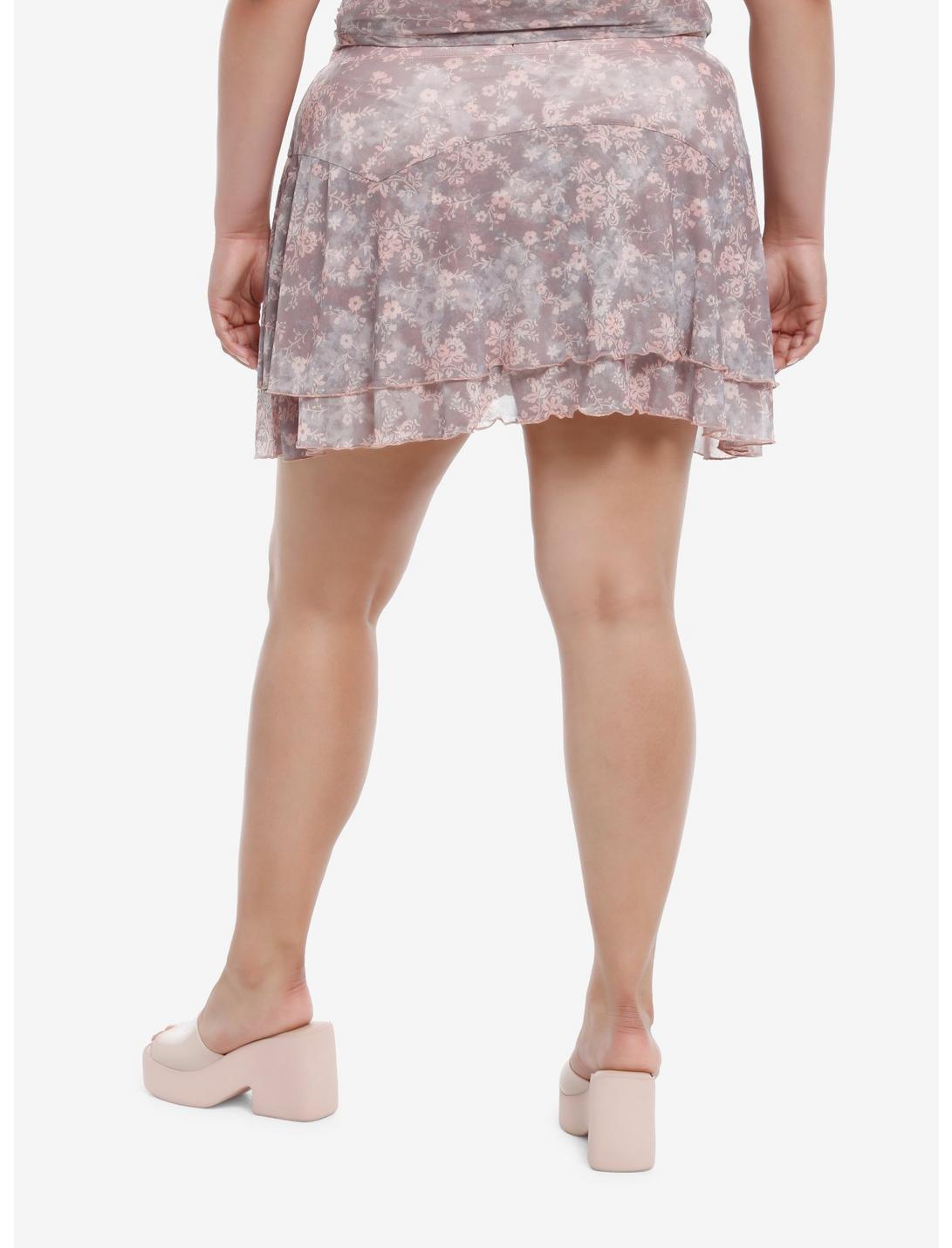 Thorn & Fable Pink & Brown Floral Hanky Hem Mesh Skirt Plus Size Product Image