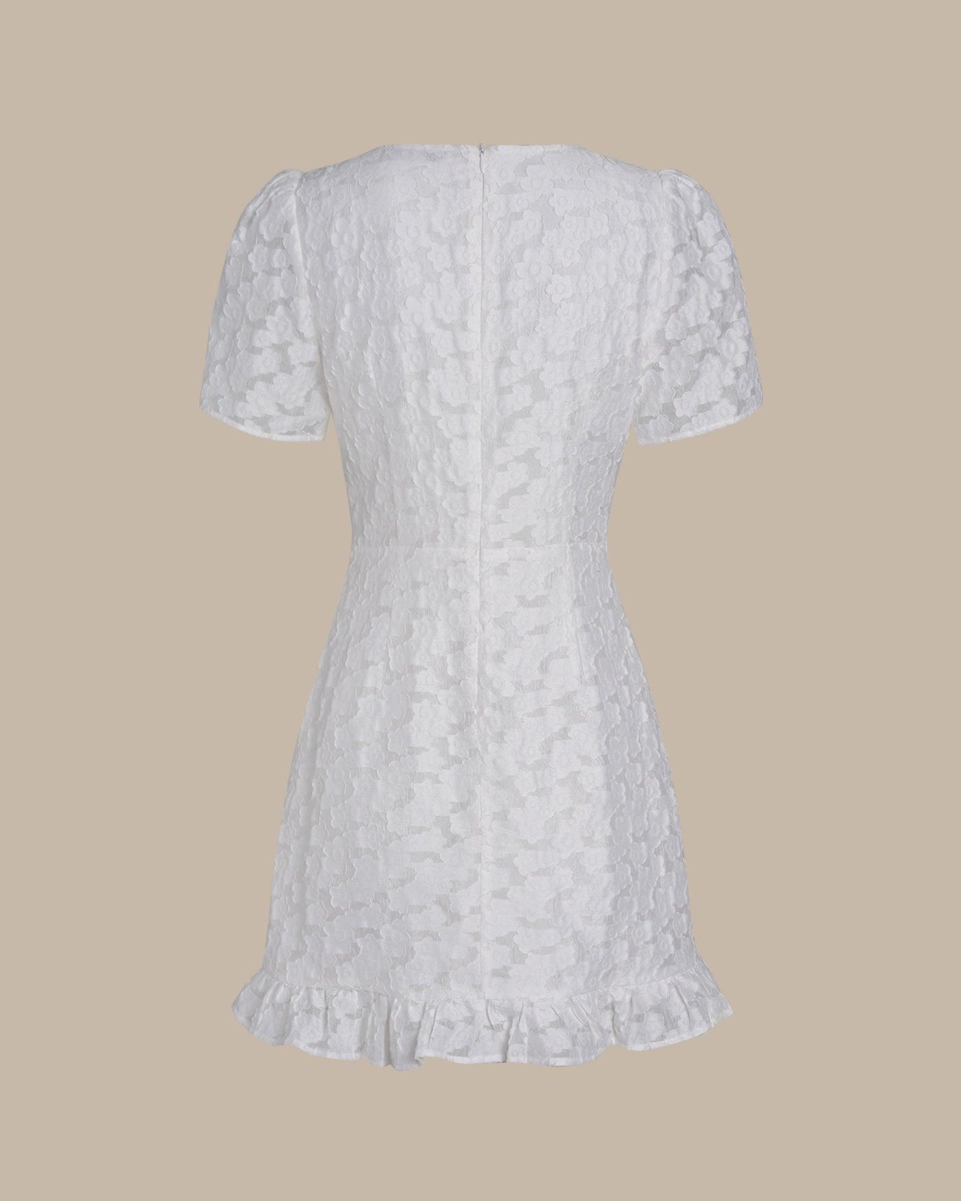 White V Neck Jacquard Mini Dress Product Image