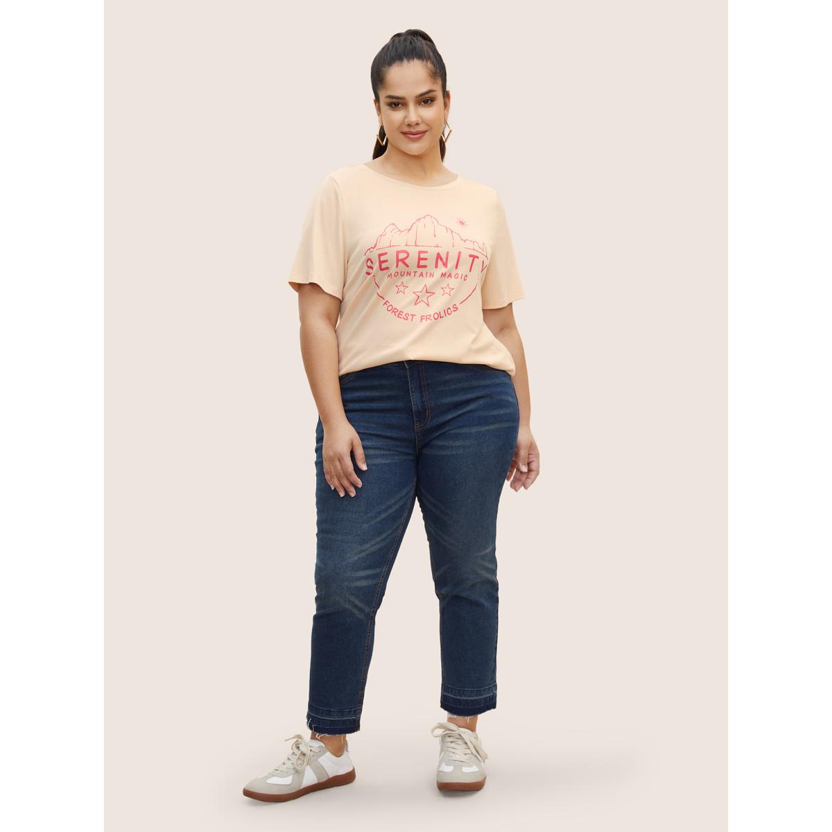 Plus Size Crew Neck Letter Print Contrast T-shirt Apricot Women Casual Contrast Art&design Round Neck Everyday T-shirts BloomChic 18-20/2X Product Image