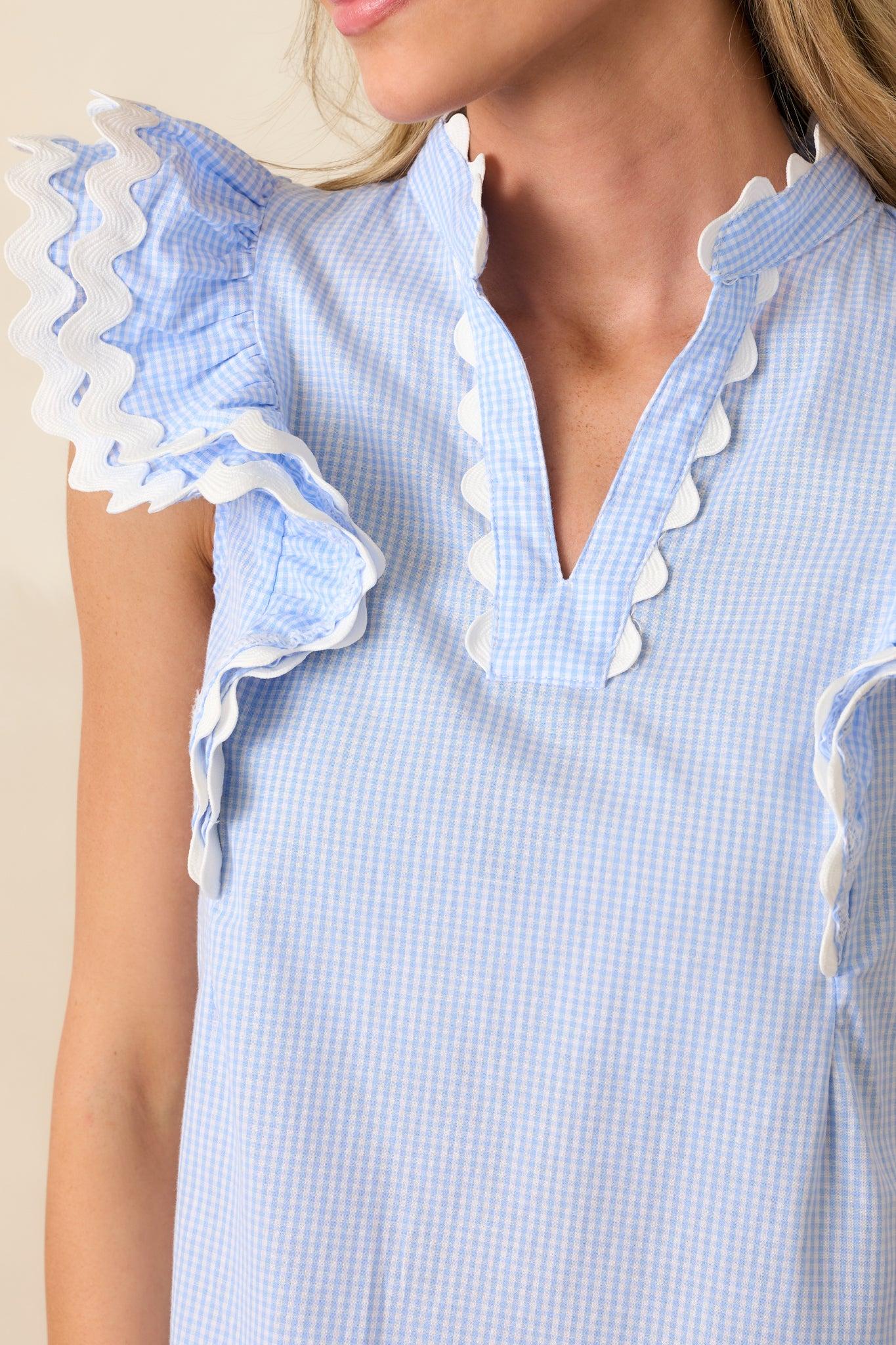 Caldwell Blue Micro Gingham Cotton Ruffle Top Product Image