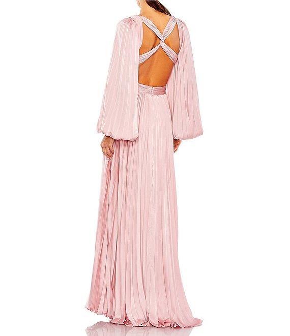 Mac Duggal Long Balloon Sleeve Side Cut-Out Pleated Deep V-Neck Satin A-Line Gown Product Image