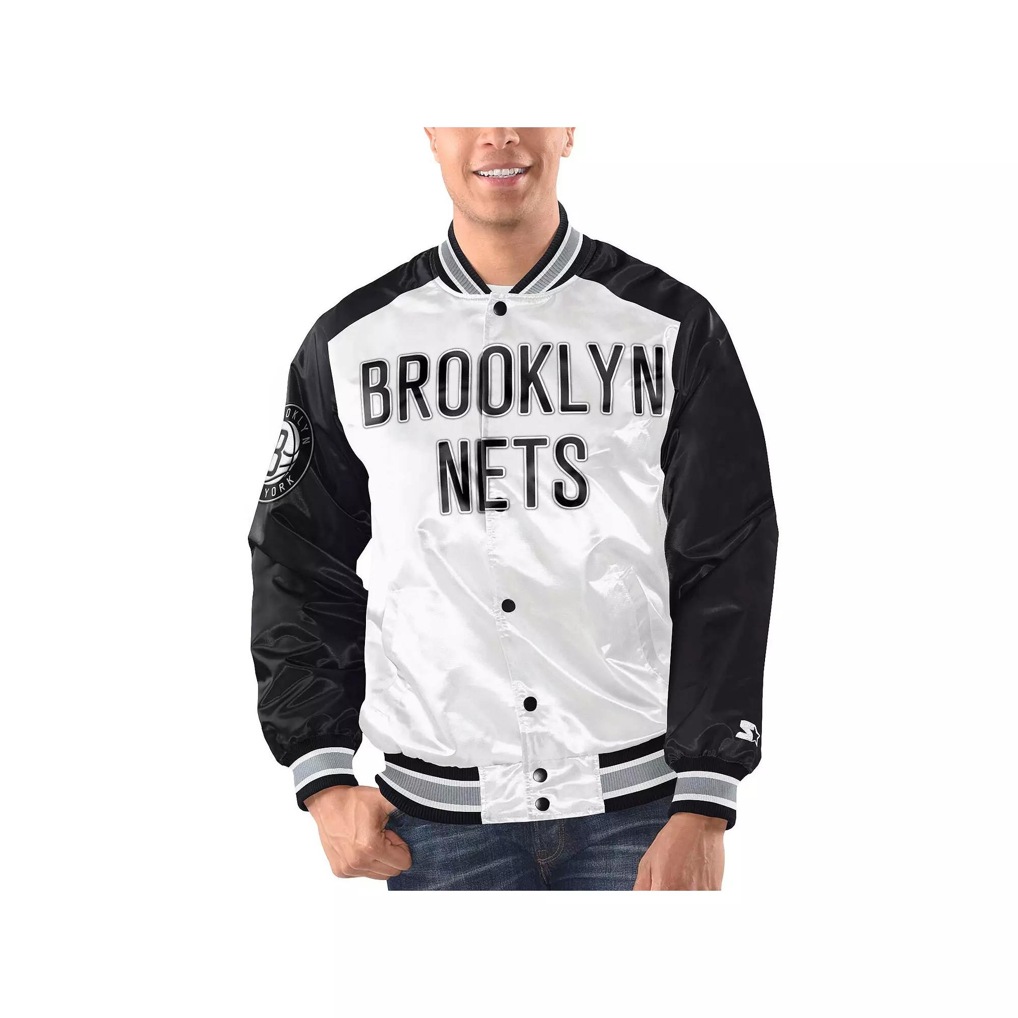 Men's Starter White/Black Brooklyn Nets Renegade Satin Full-Snap Varsity Jacket, Size: XL Product Image