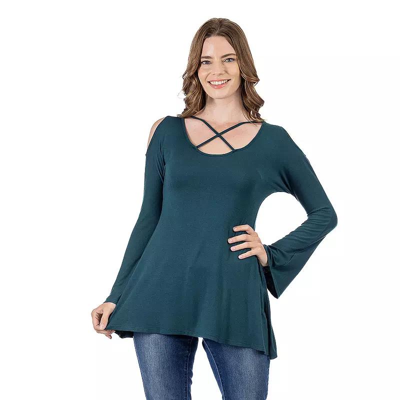 Women's 24Seven Comfort Apparel Criss Cross Cold Shoulder Long Sleeve Top,  Product Image