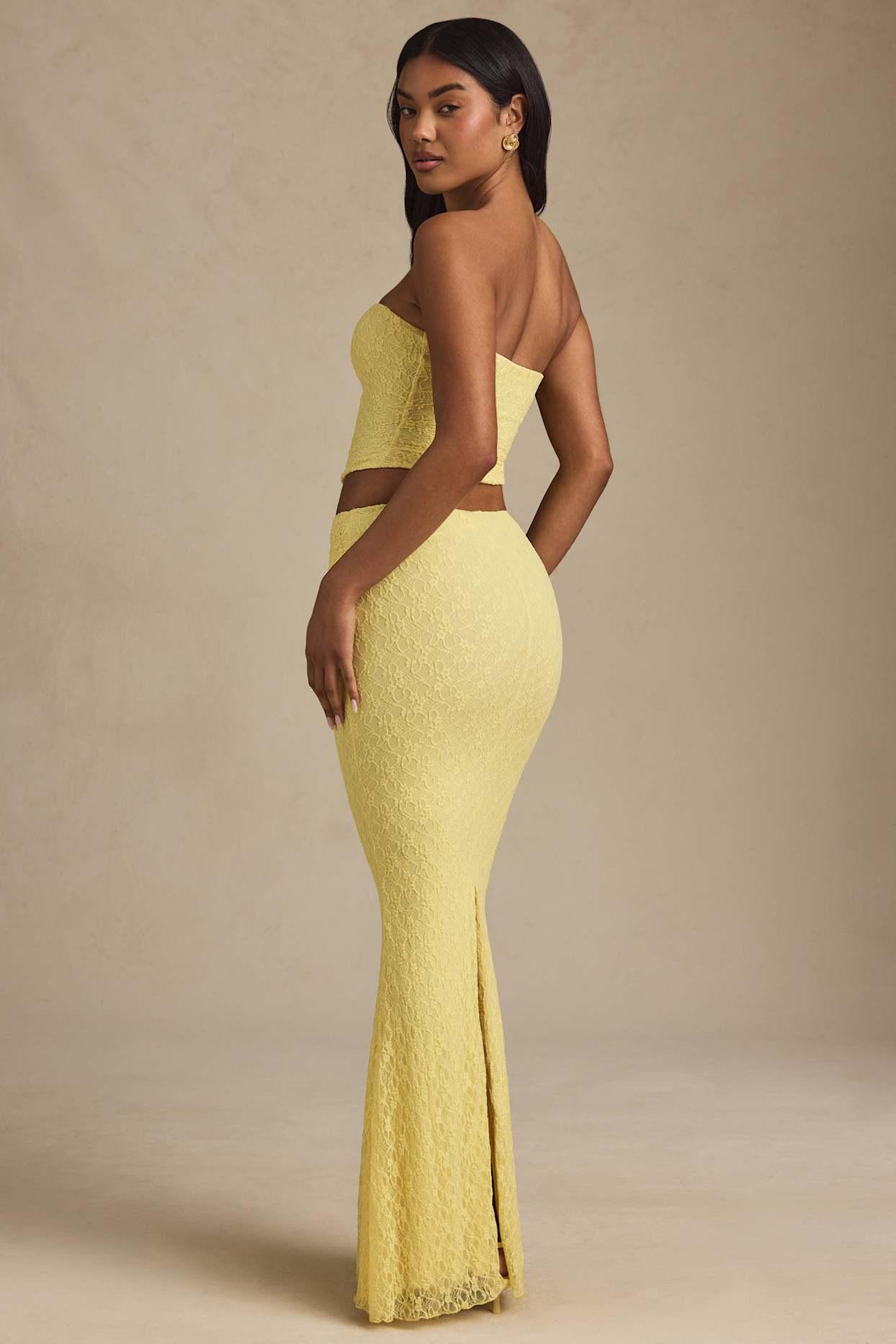 Draped Low-Rise Lace Maxi Skirt in Pastel Yellow Product Image