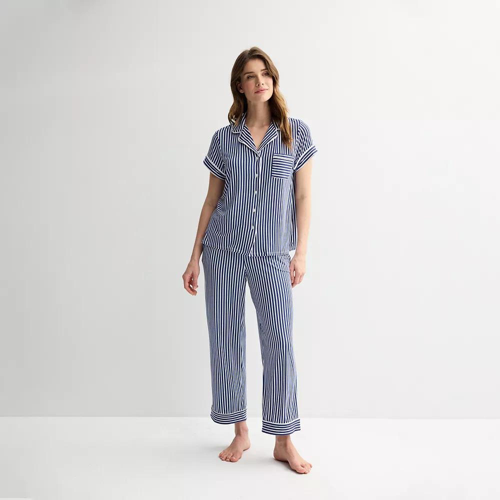 Women's Draper James 2-Piece Printed Cozy Short Sleeve Notch Collar Pajama Top & Pajama Pants Set, Size: Large, Blue Stripe Product Image