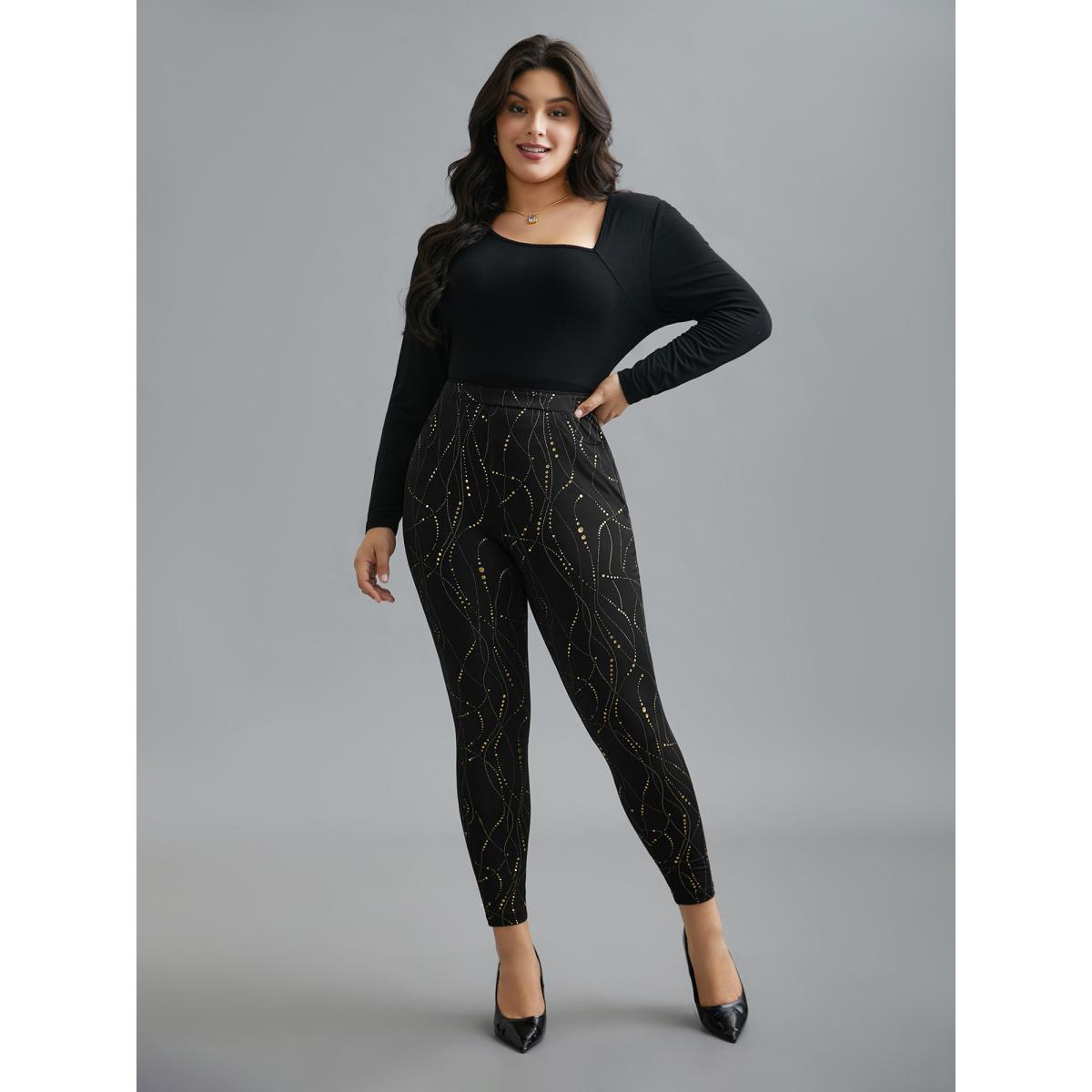 Plus Size Shiny Glitter Skinny Fit Leggings Women Black Elegant High stretch Skinny Mid Rise Everyday Leggings BloomChic 30/6X Product Image