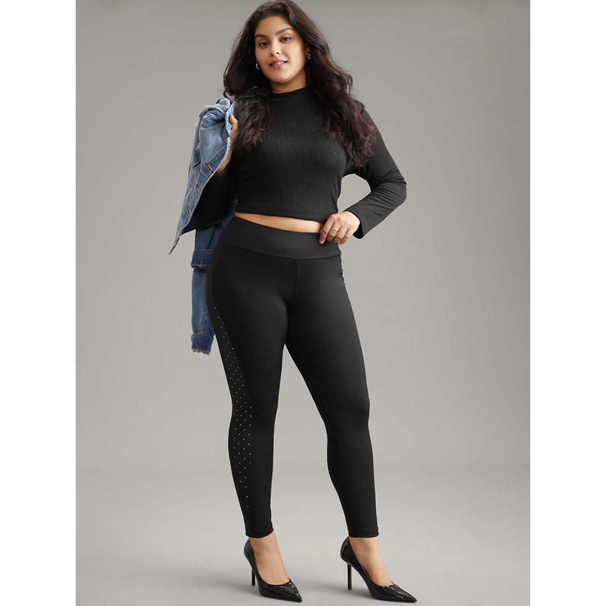 Plus Size Skinny Patchwork Side Elastic Waist Leggings Women Black Casual High stretch Skinny High Rise Dailywear Leggings BloomChic 12/L Product Image